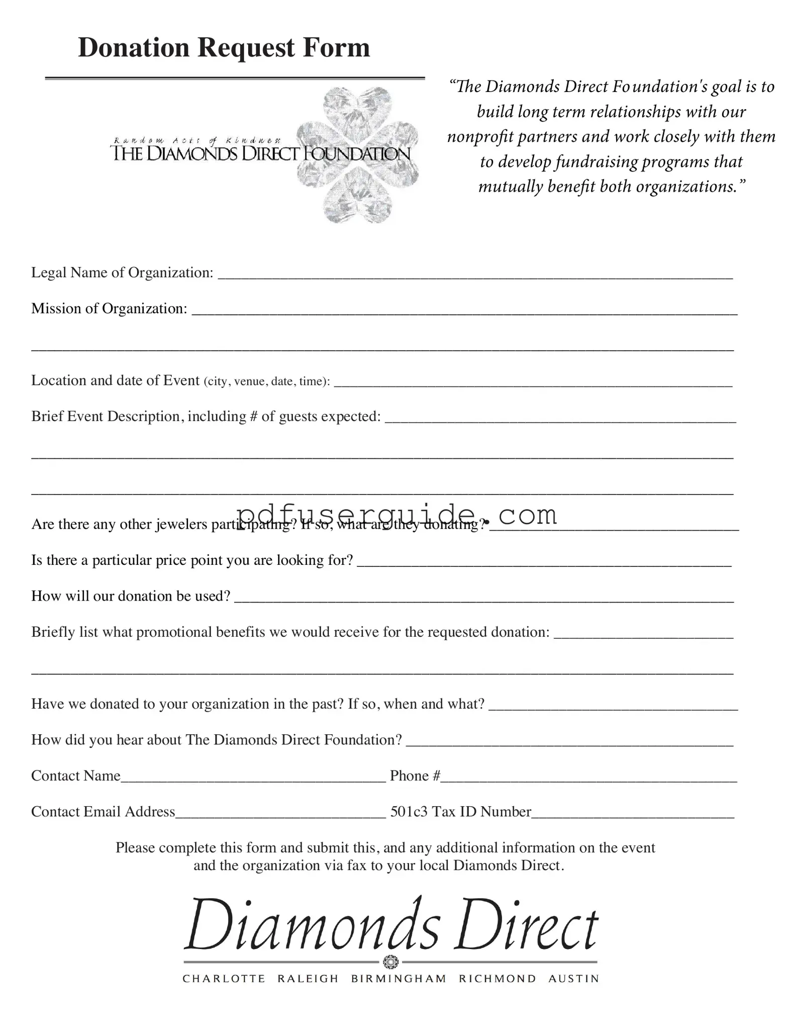 Free Diamonds Donation Request Form in PDF