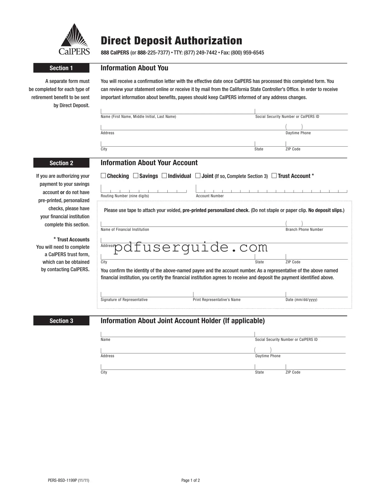 Free Direct Deposit Authorization Calpers Form in PDF