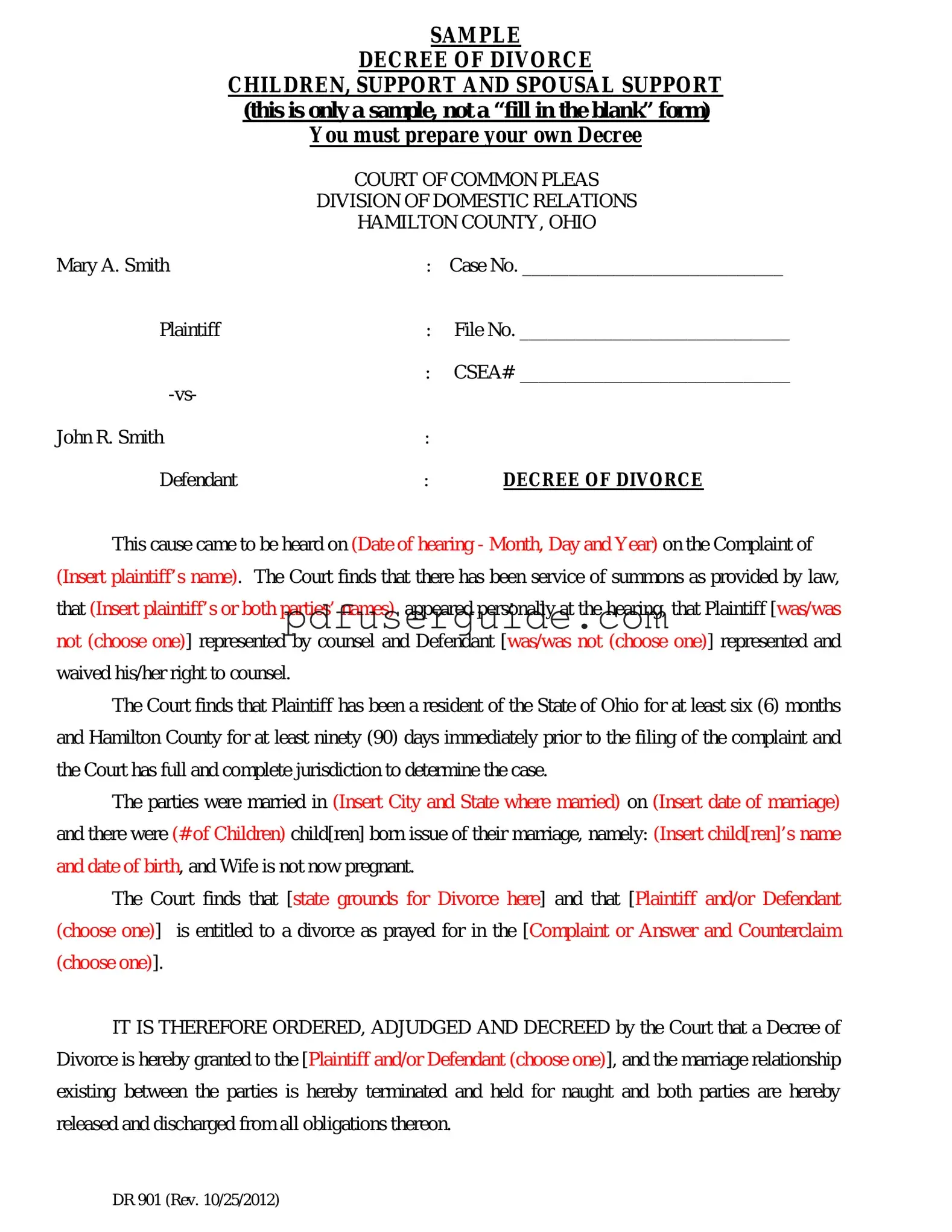 Free Divorce Decree Sample Form in PDF