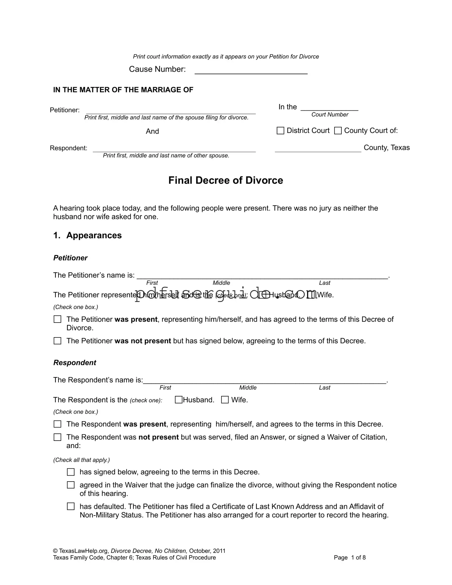 Free Divorce Decree Form in PDF