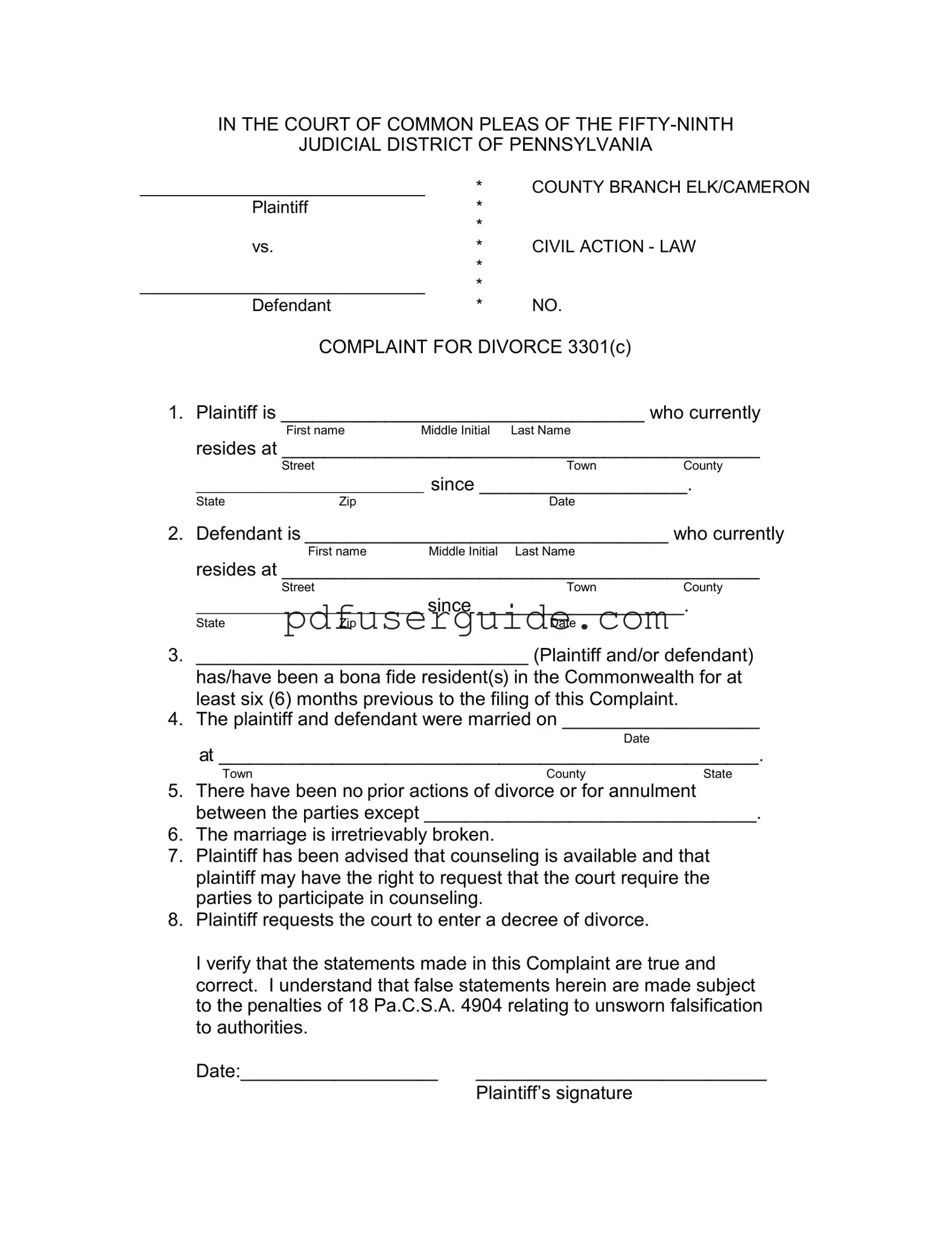 Free Divorce In Pa Form in PDF