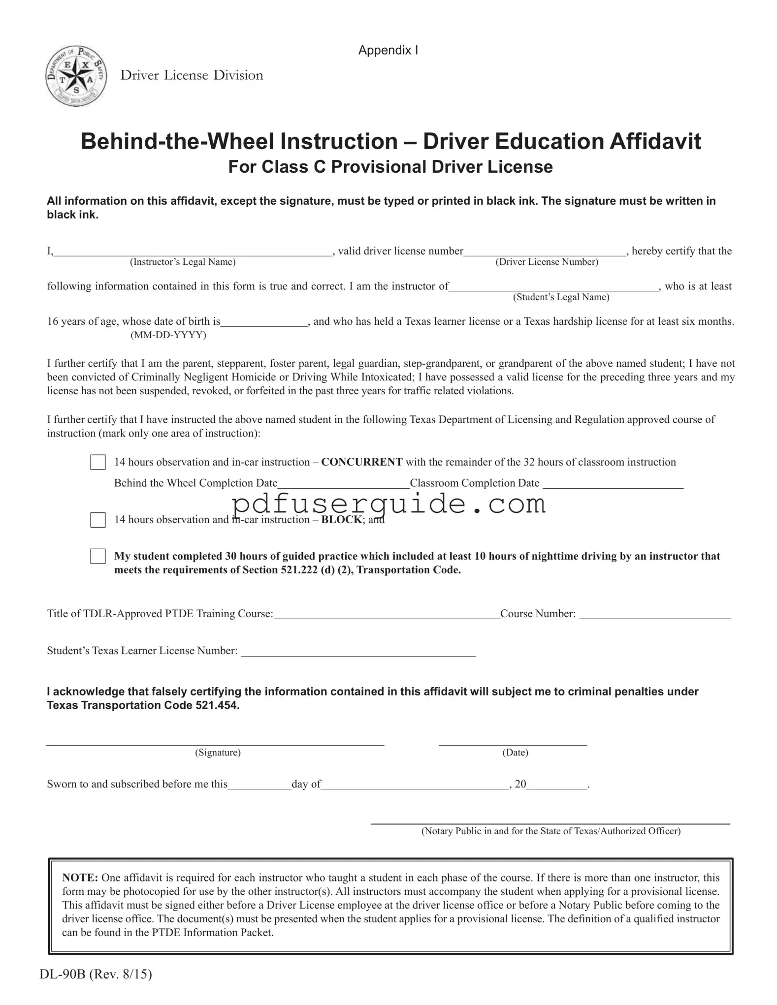 Free Dl 90B Affidavit Form in PDF