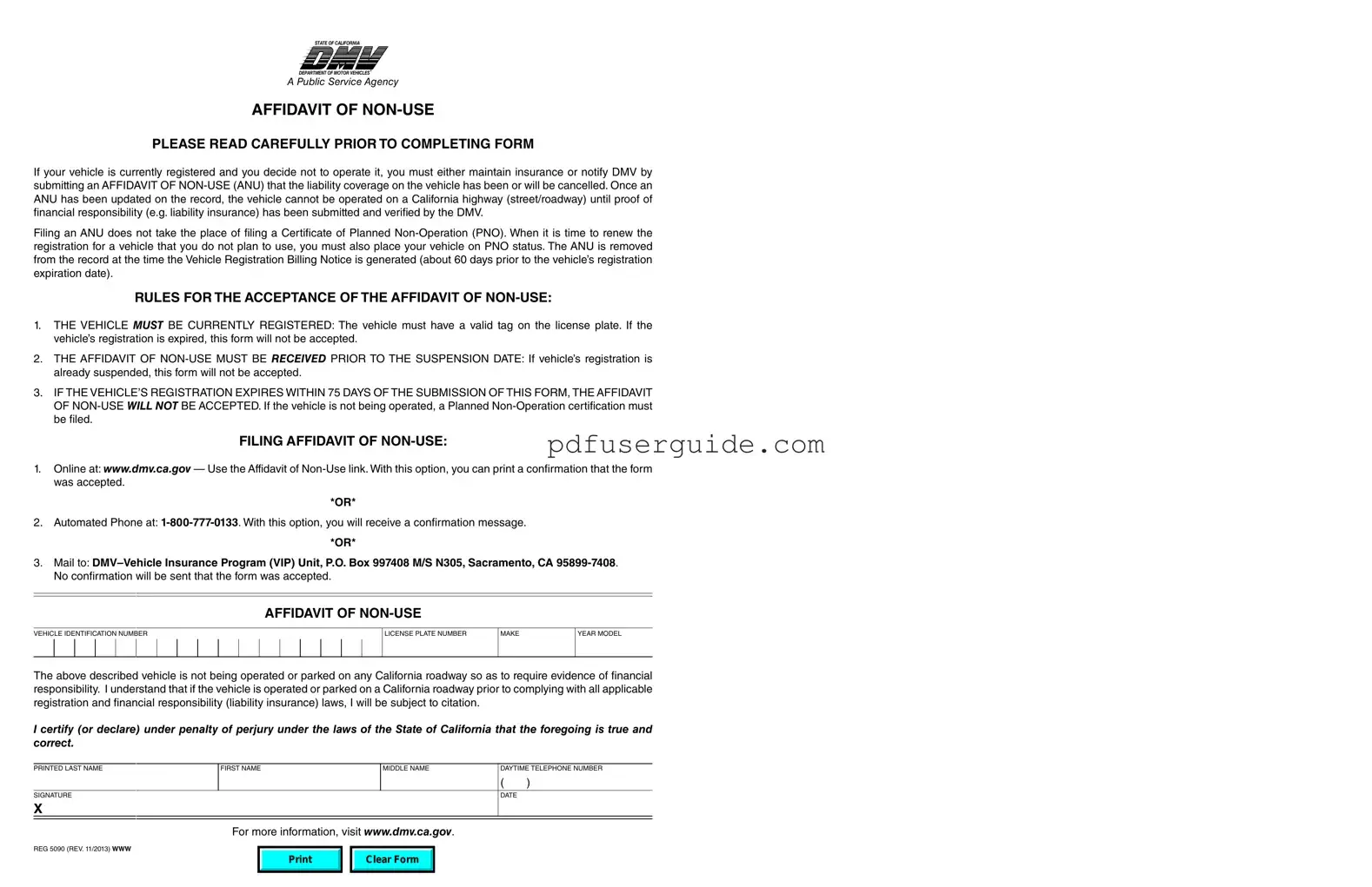 Free California Affidavit of Non-Use REG 5090 Form in PDF