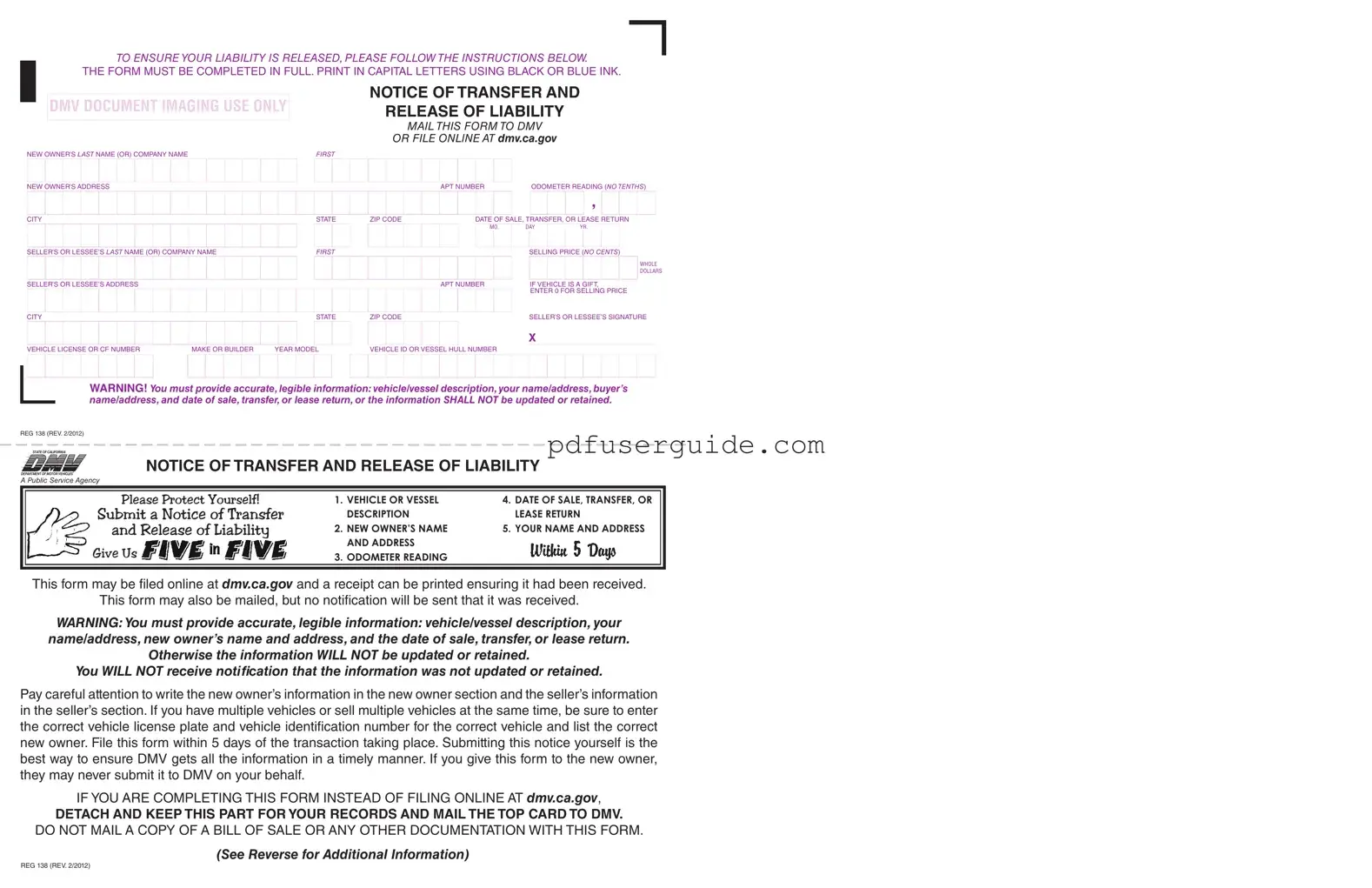 Free Dmv Reg 138 Form in PDF