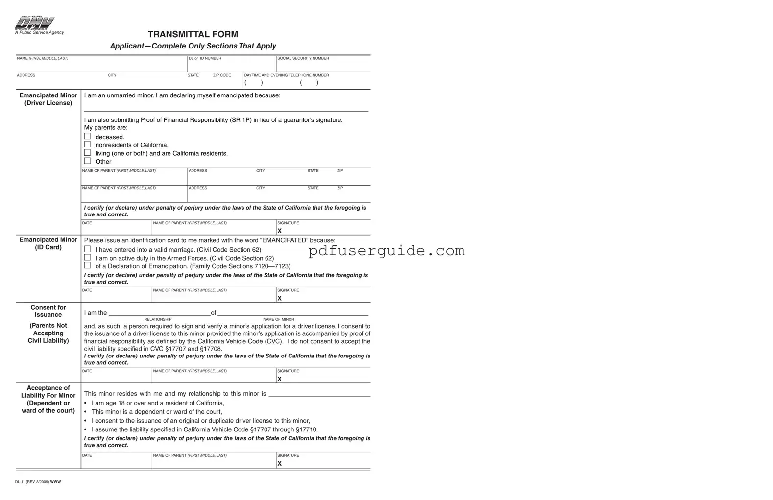 Free Dmv Transmittal Dl 11 Form in PDF