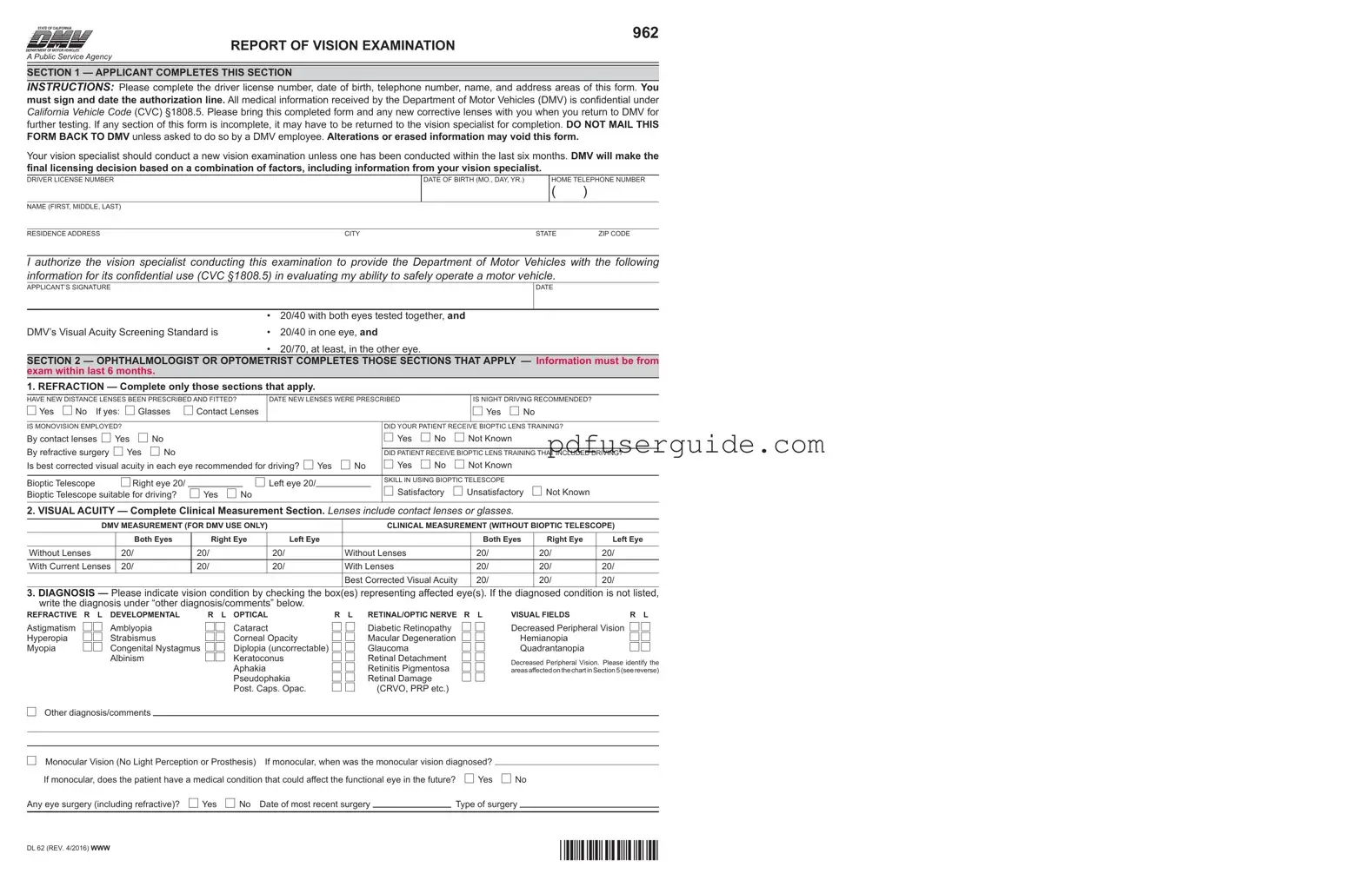Free Dmv Vision Form in PDF