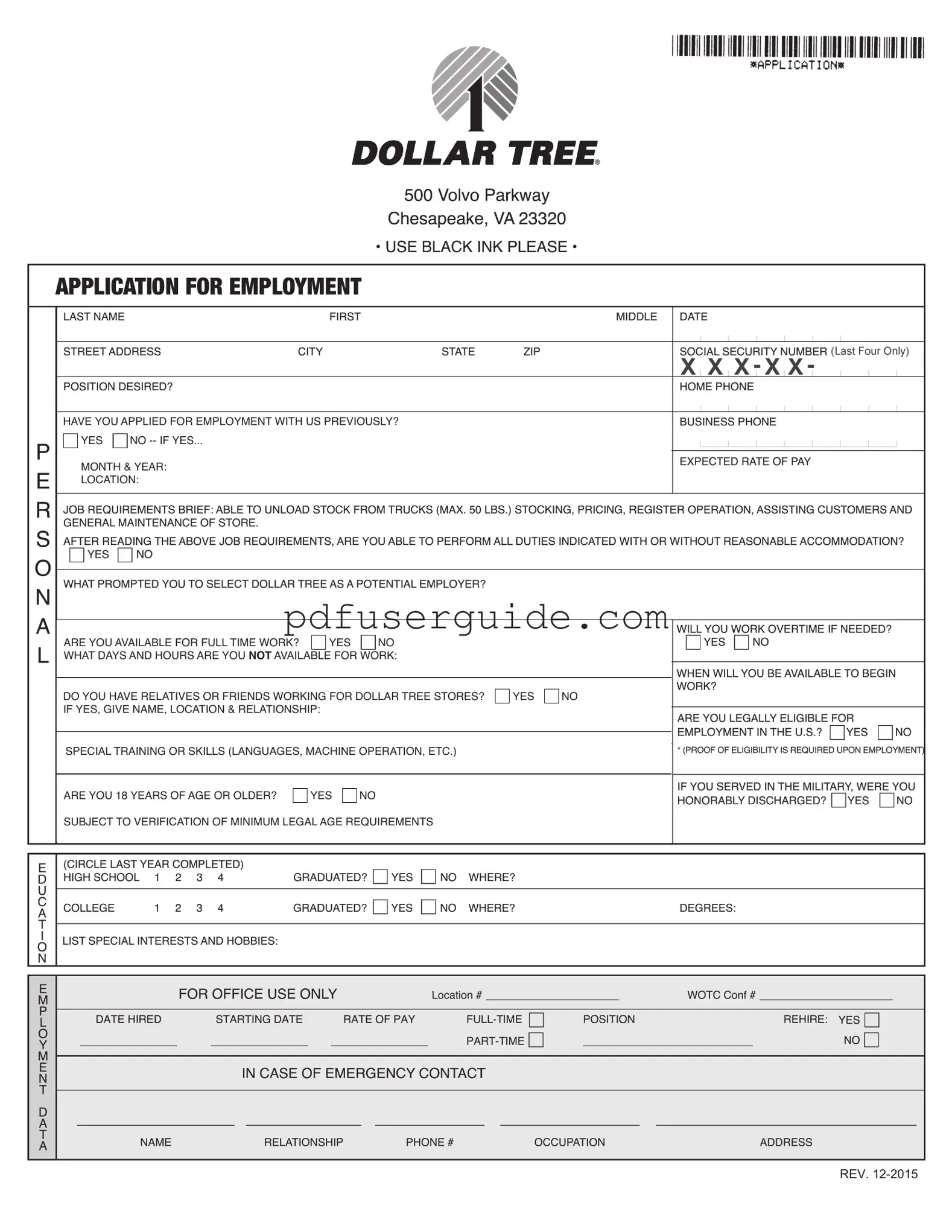 Free Dollar Tree Application Form in PDF