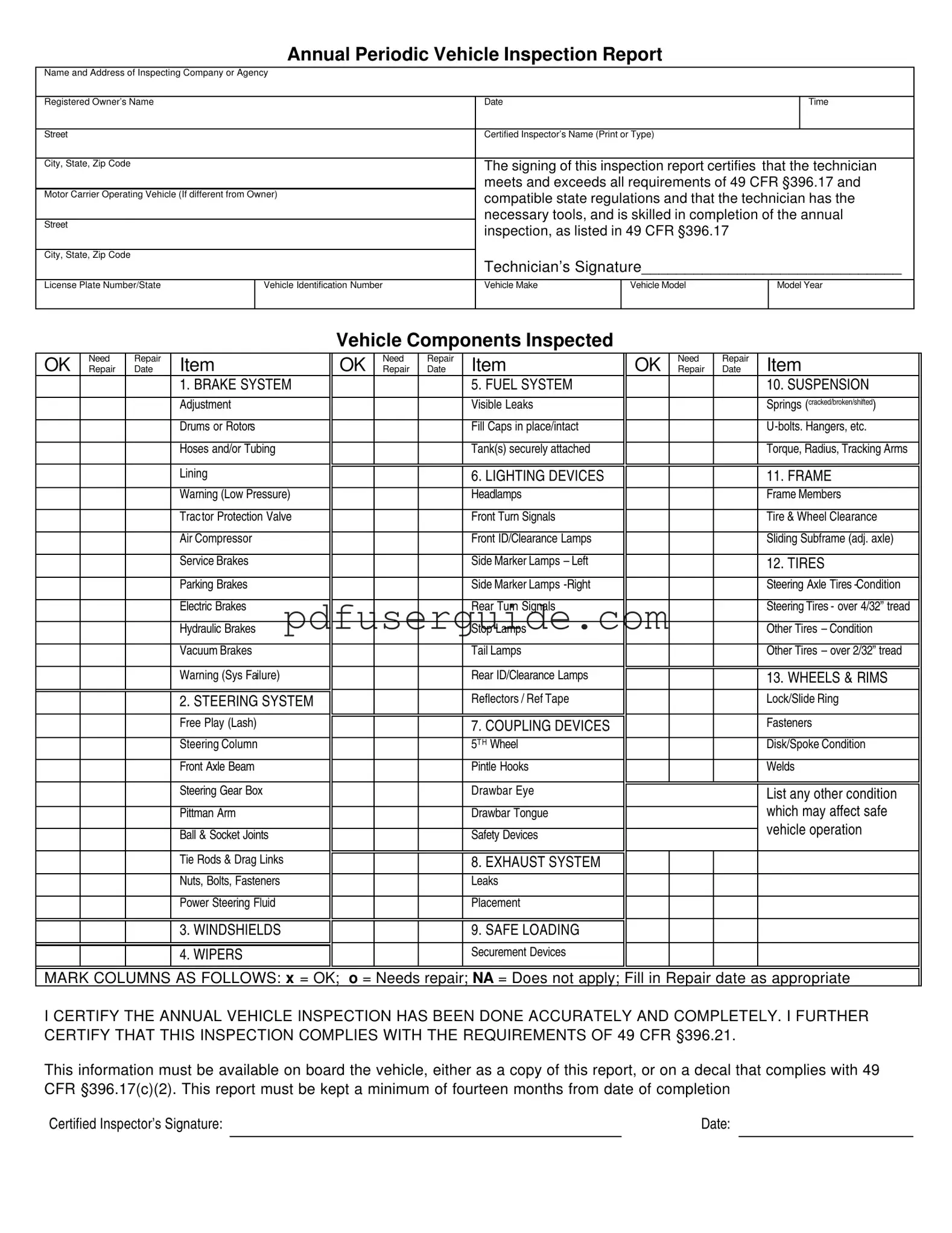 Free Dot Vehicle Inspection Form in PDF