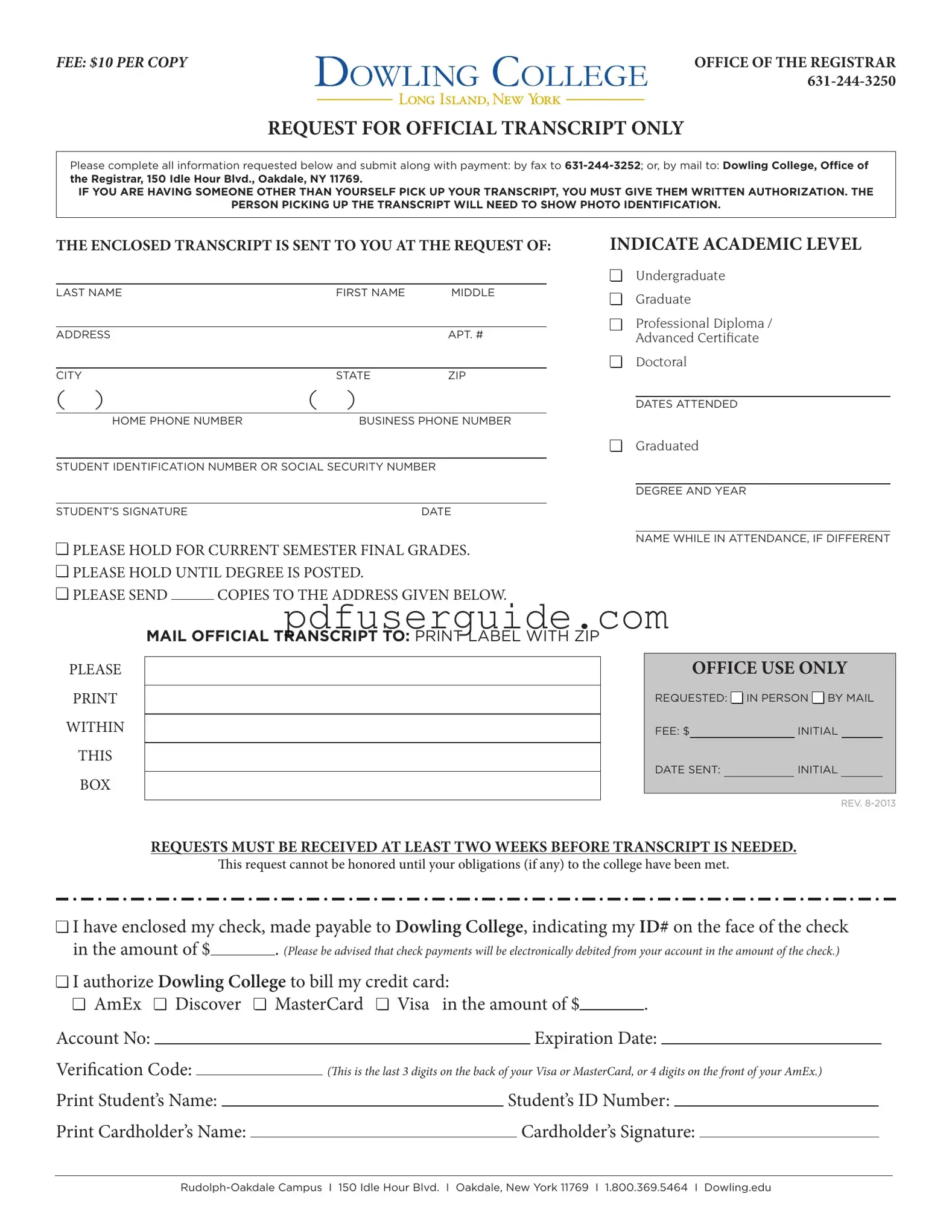 Free Dowling College Transcript Form in PDF