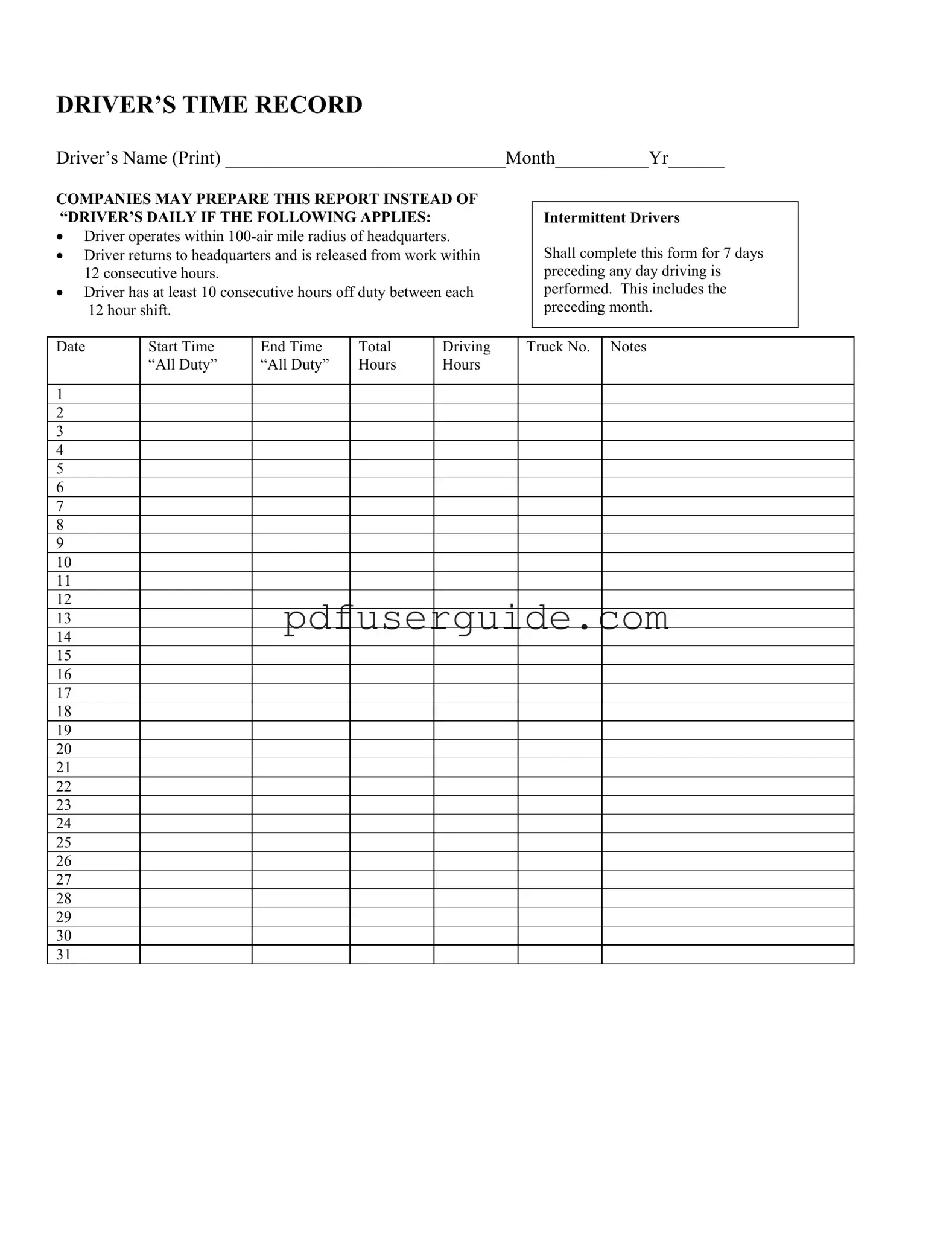 Free Driver Time Record Form in PDF