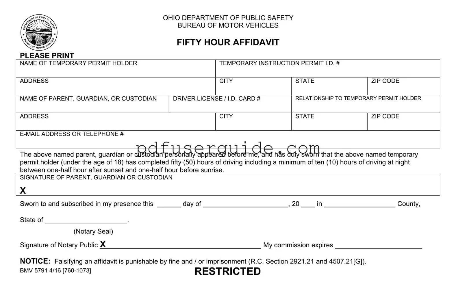 Free Driving Fifty Hour Affidavit Form in PDF