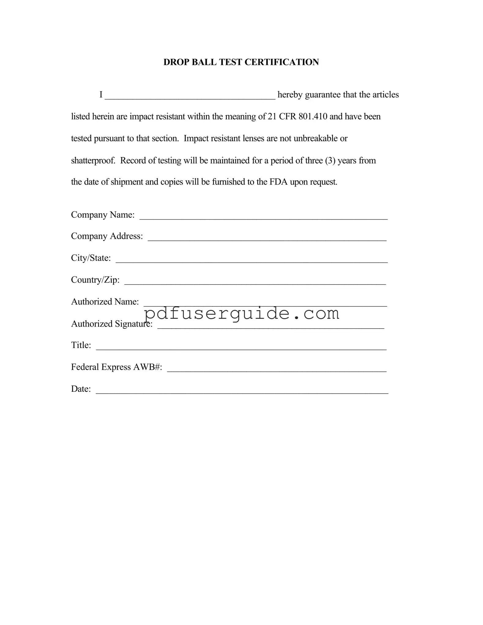 Free Drop Ball Certificate Form in PDF