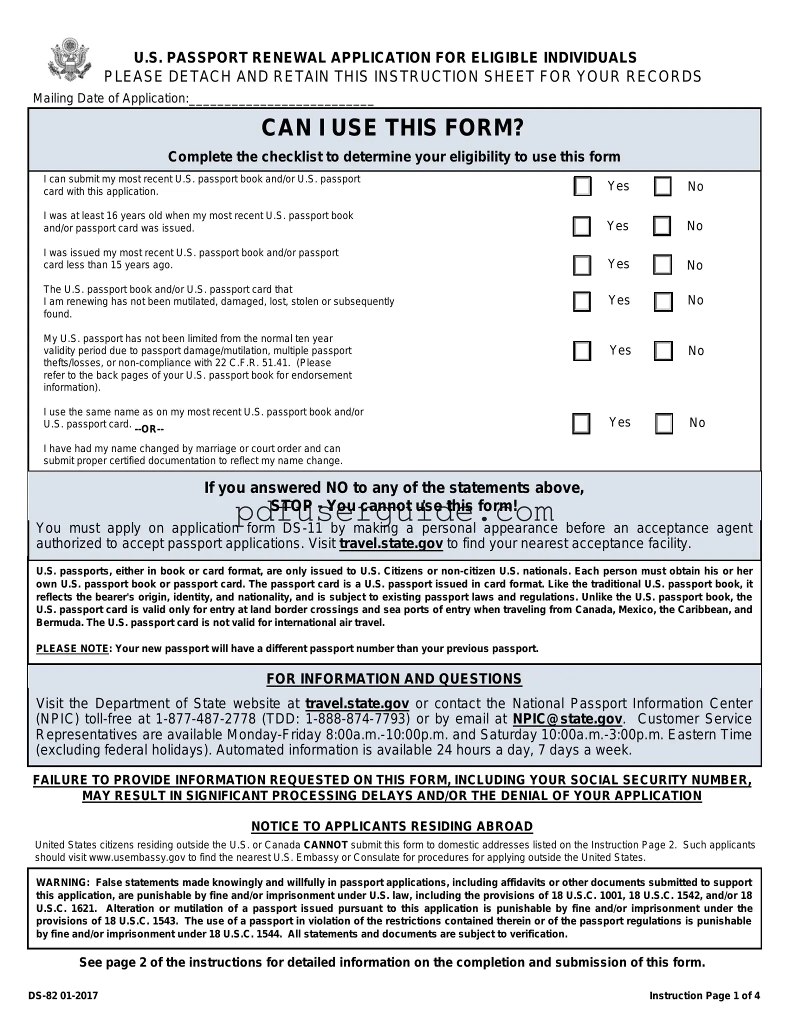Free DS-82 01-2017 US Passport Renewal Application Form in PDF