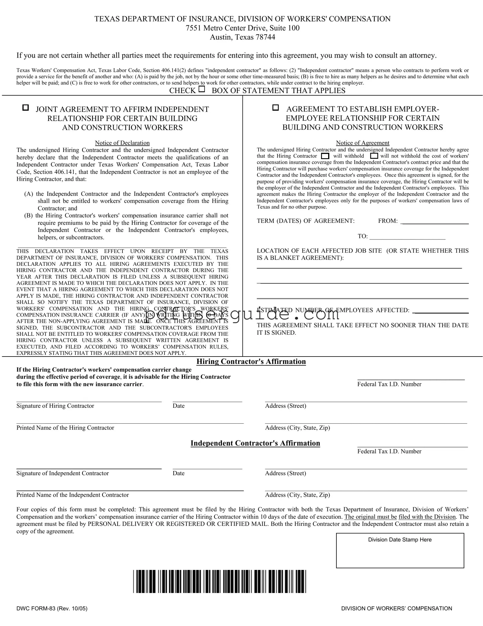 Free Dwc 83 Form in PDF