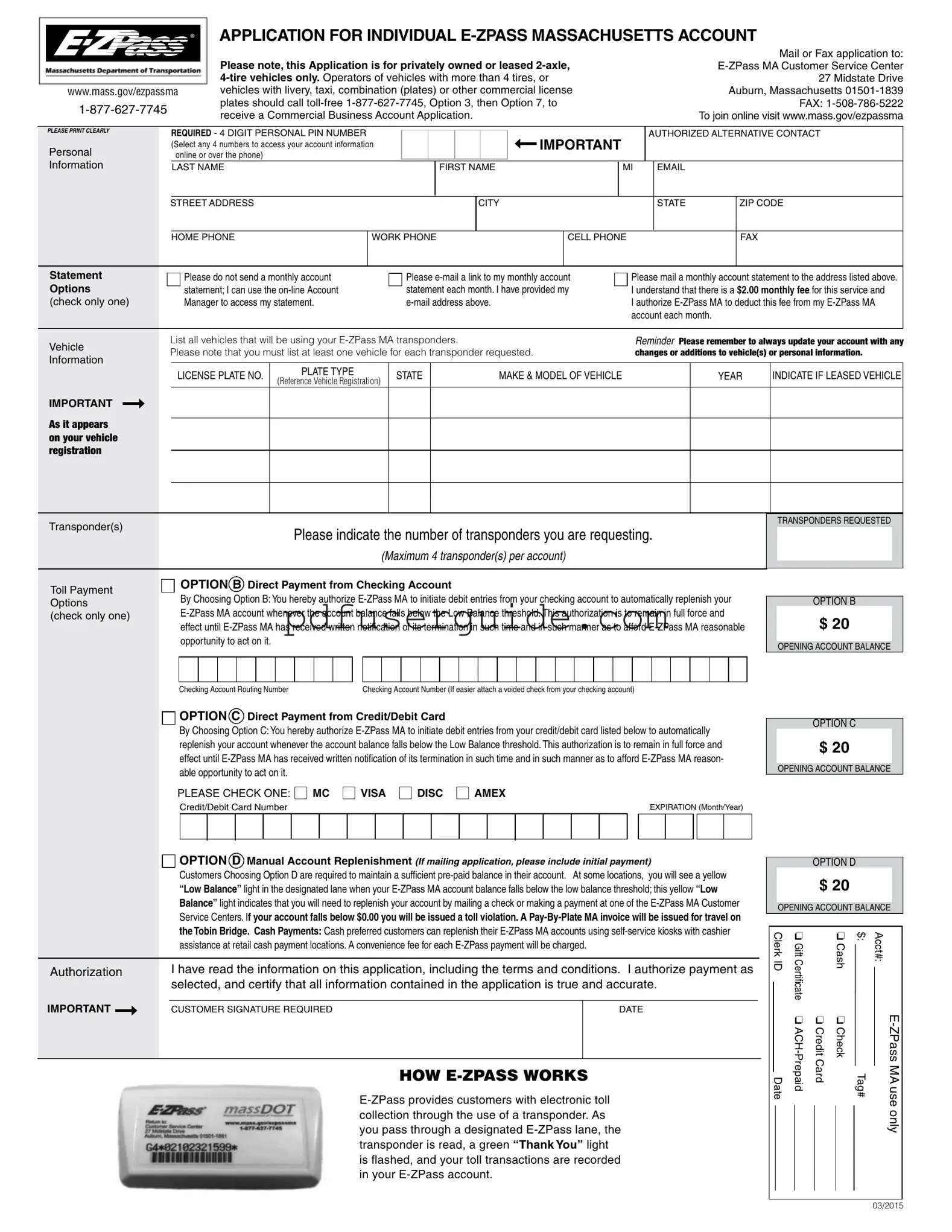 Free E Zpass Ma Application Form in PDF