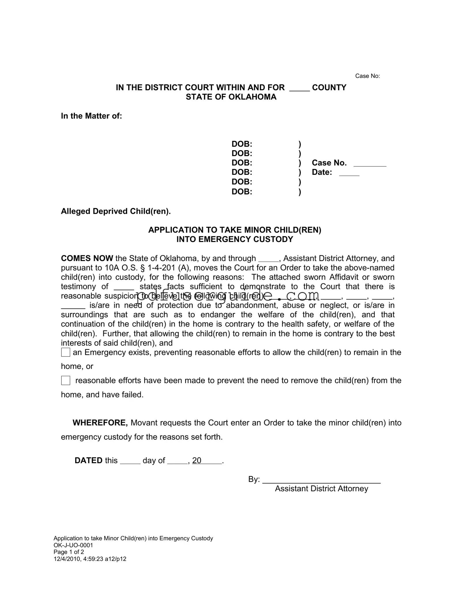 Free Emergency Custody Oklahoma Form in PDF