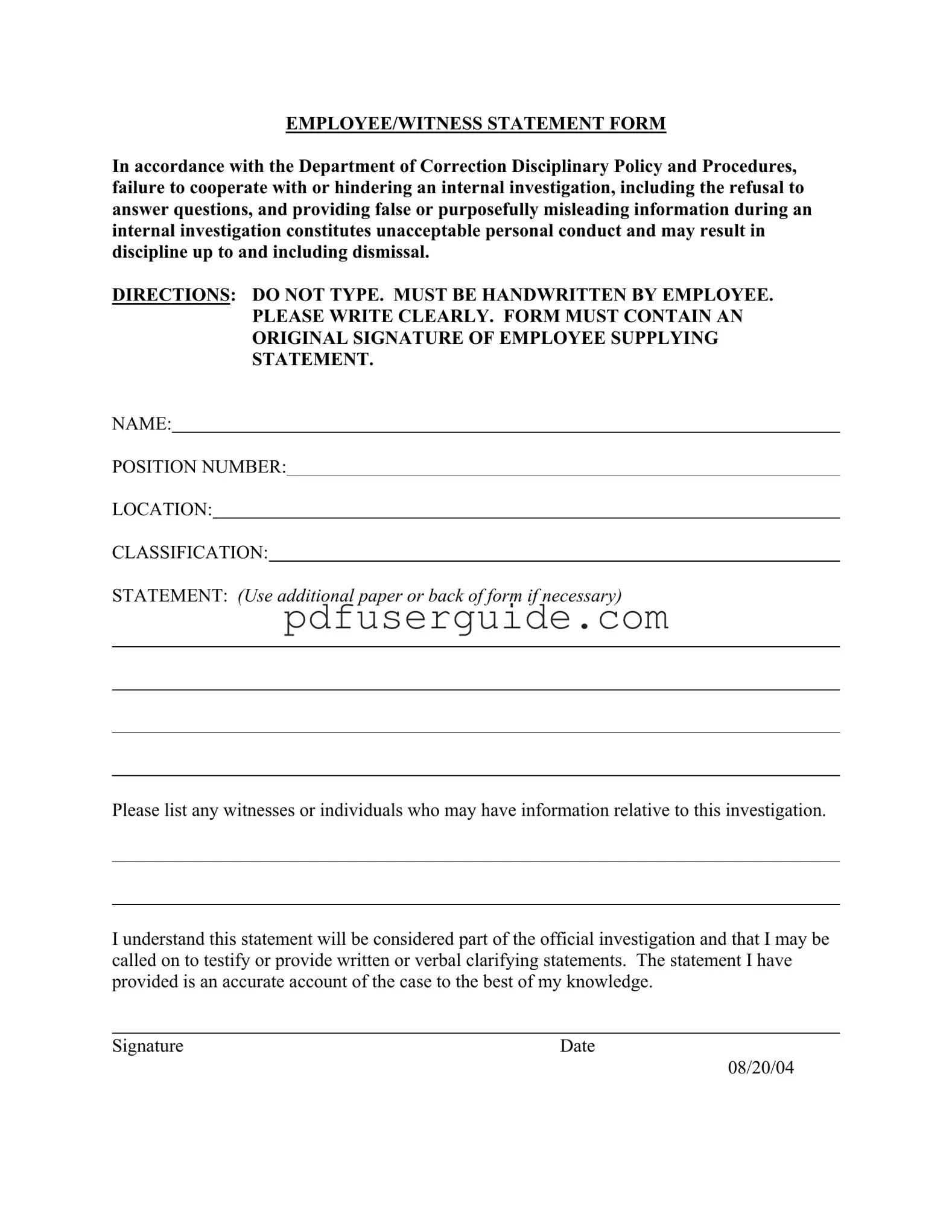Free Employee Statement Form in PDF