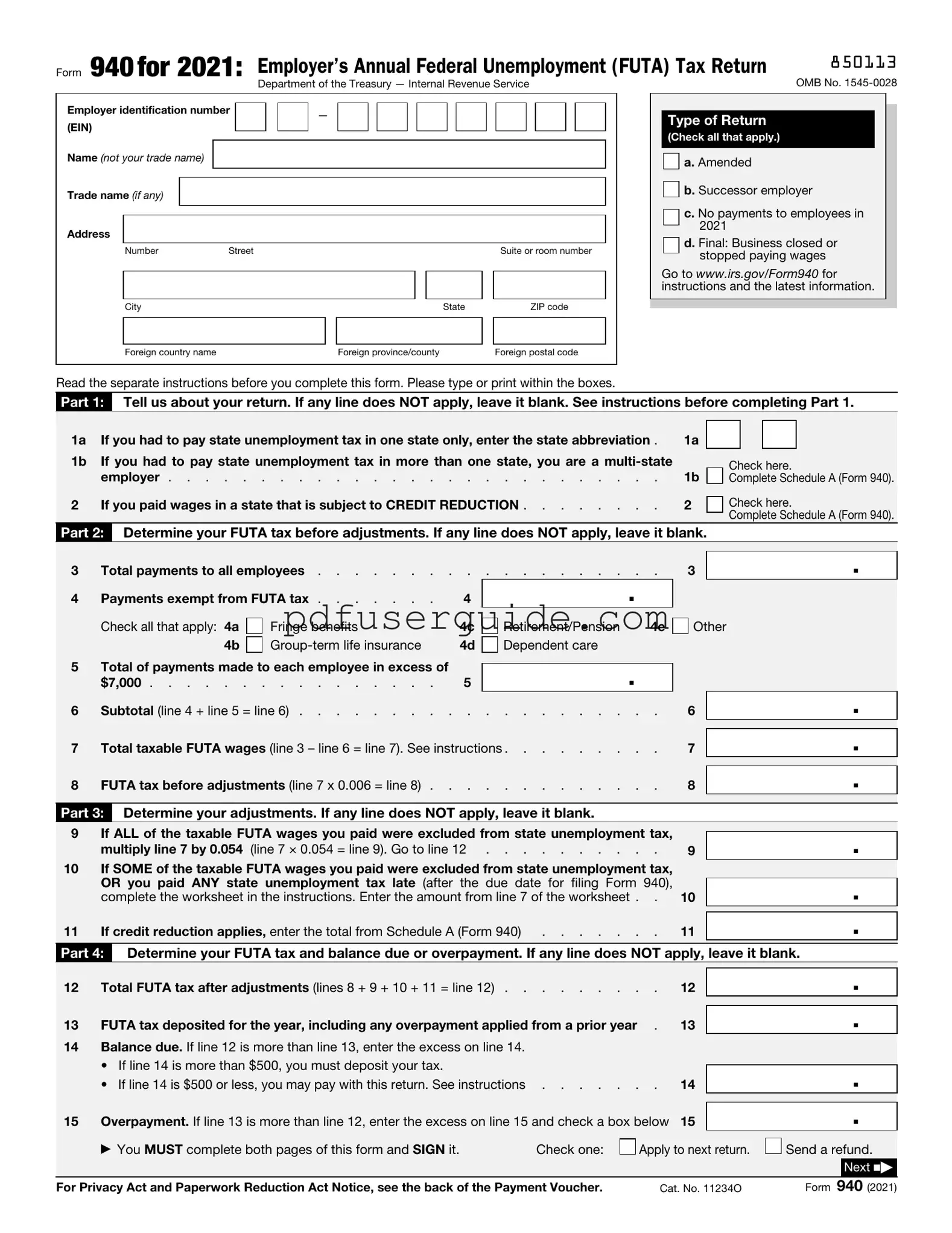 Free IRS 940 Form in PDF