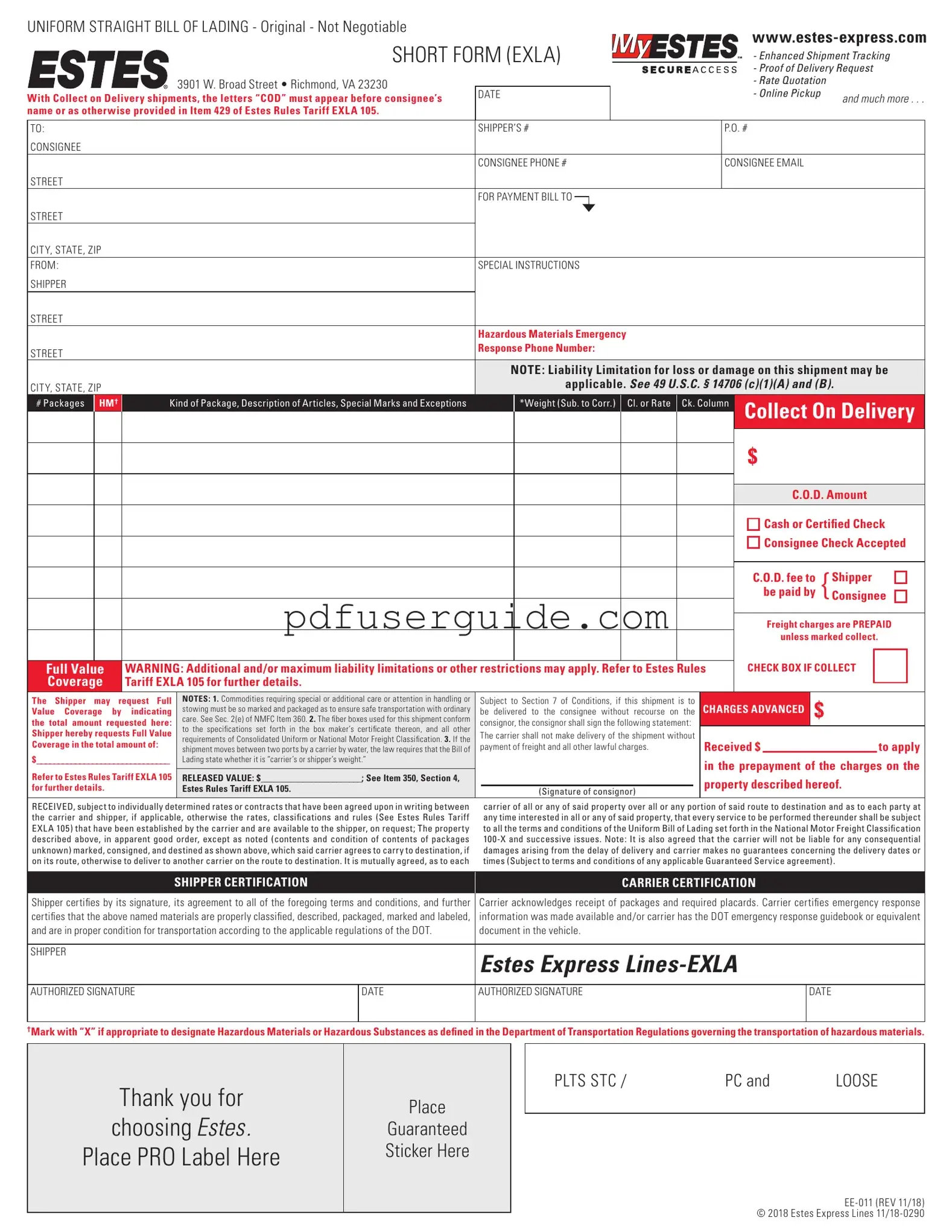 Free Estes Express Bill Of Lading Form in PDF
