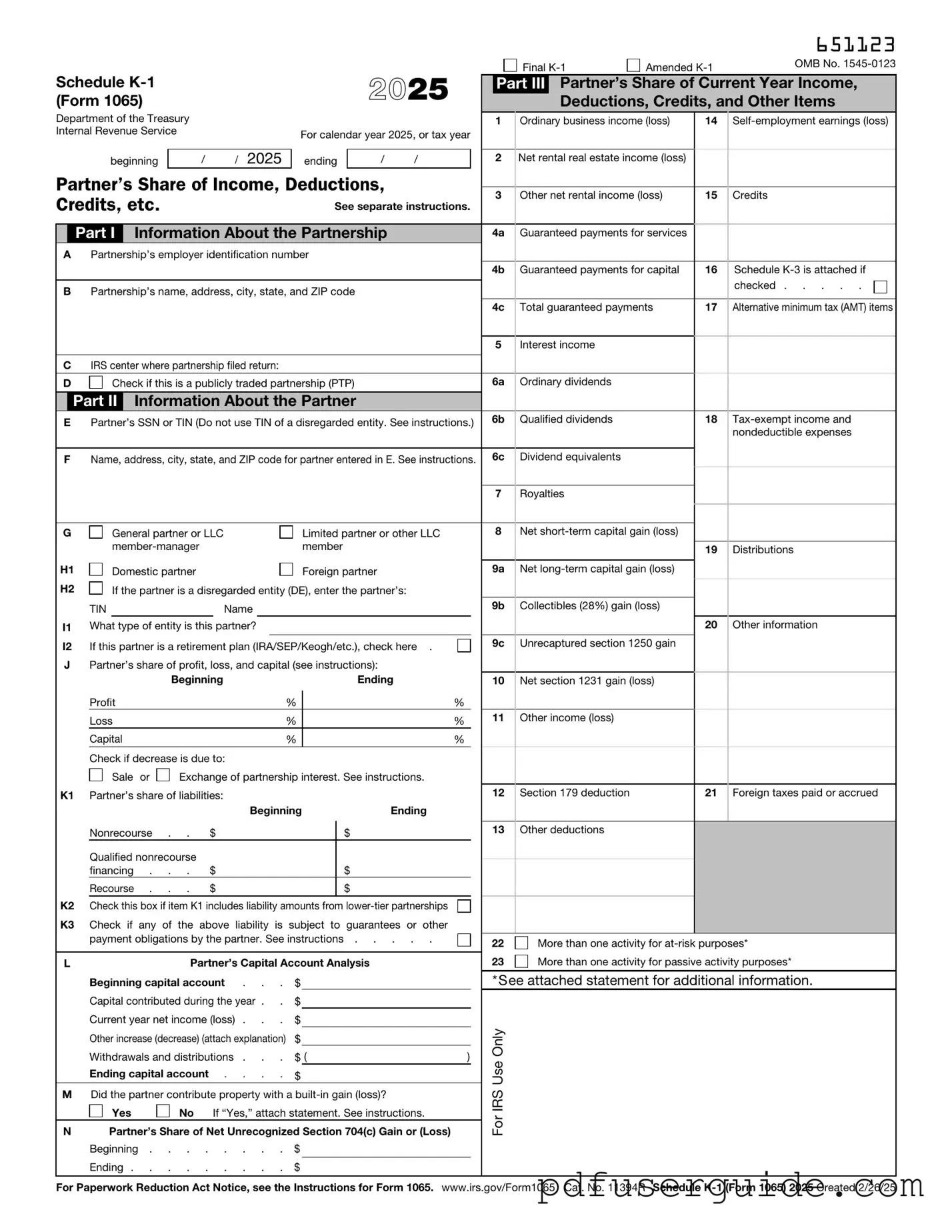 Free IRS Schedule K-1 1065 Form in PDF