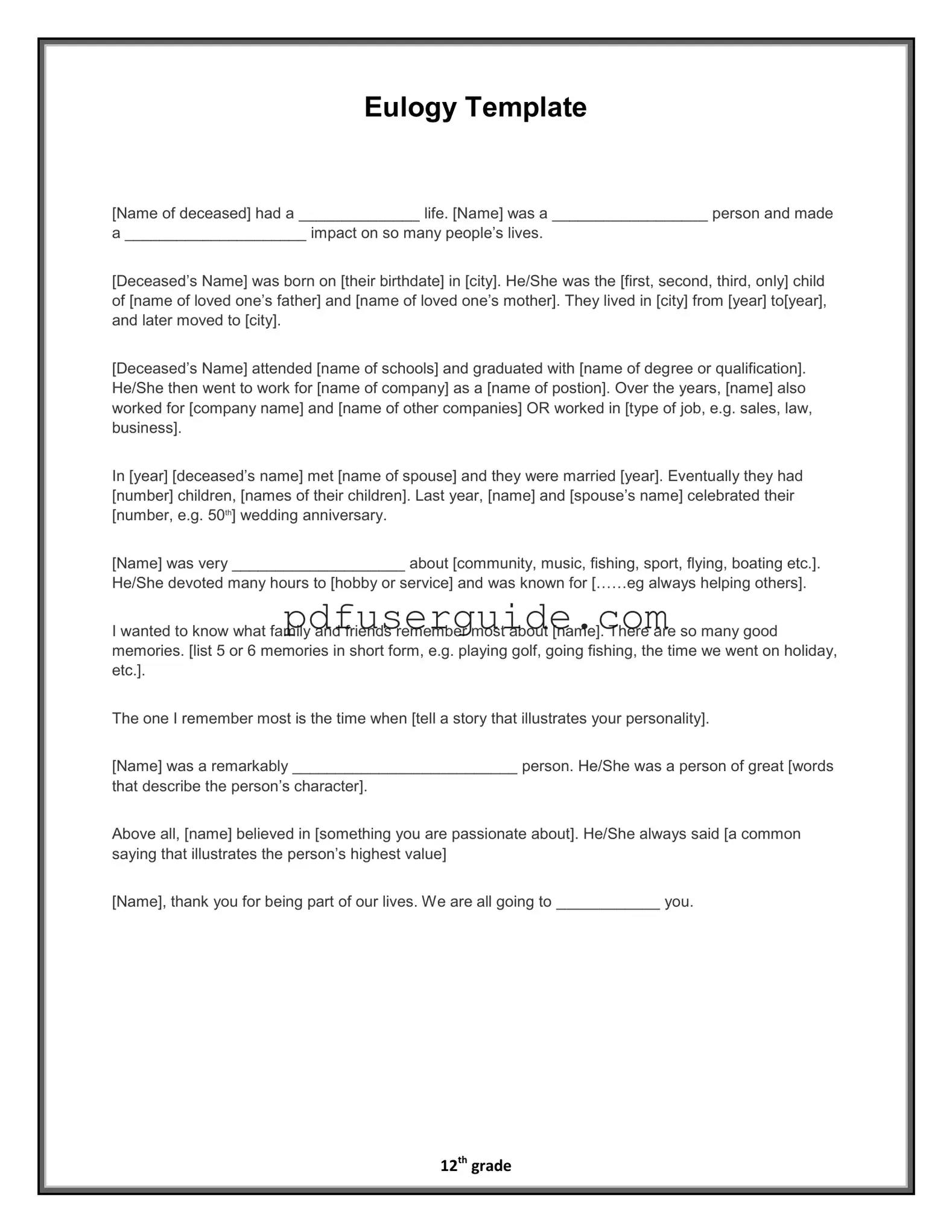 Free Eulogy Form in PDF