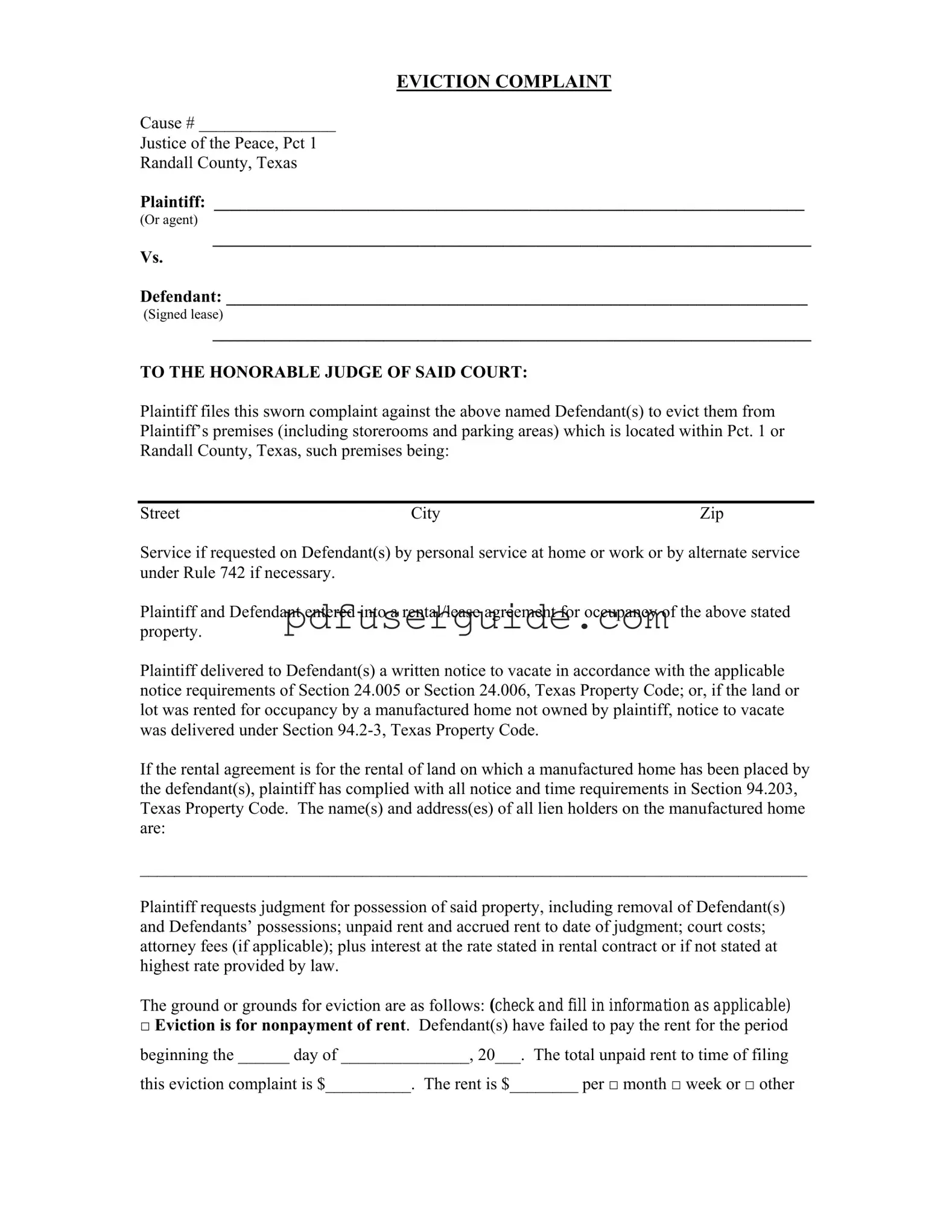 Free Eviction Complaint Form in PDF