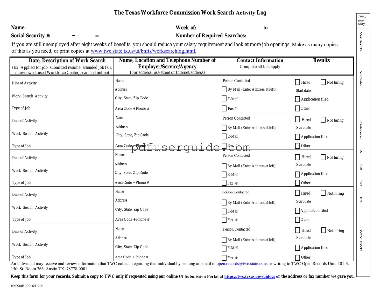 Free Example Of Twc Work Search Log Form in PDF