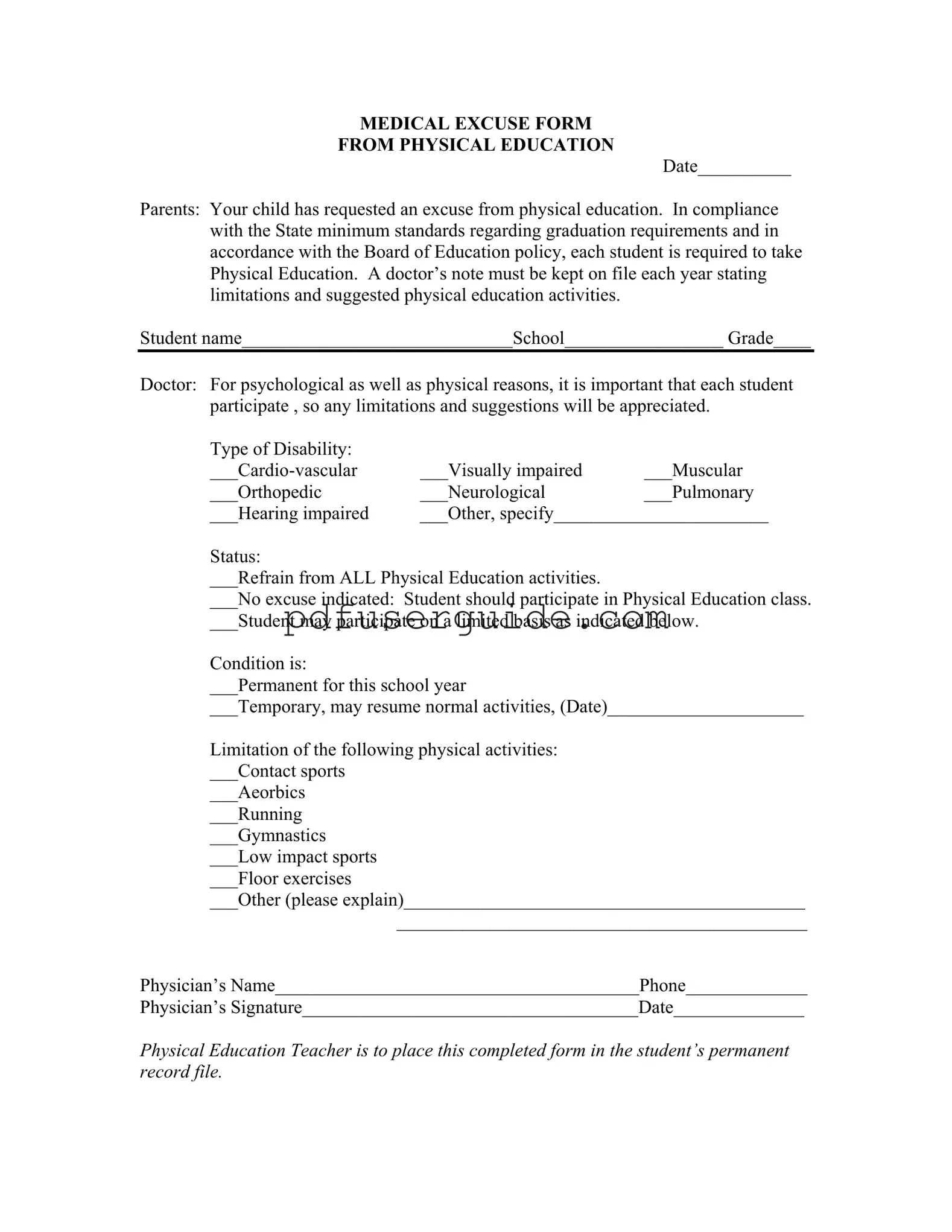 Free Excuse Physical Education Form in PDF