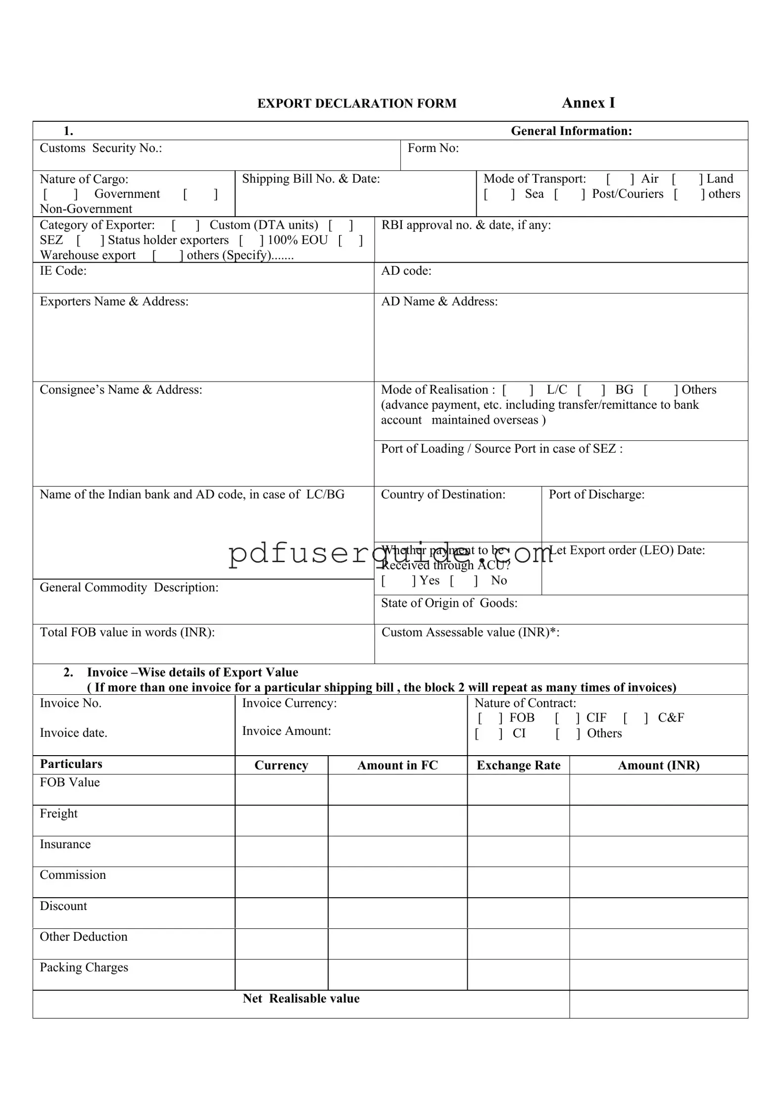 Free Export Decleration Form in PDF
