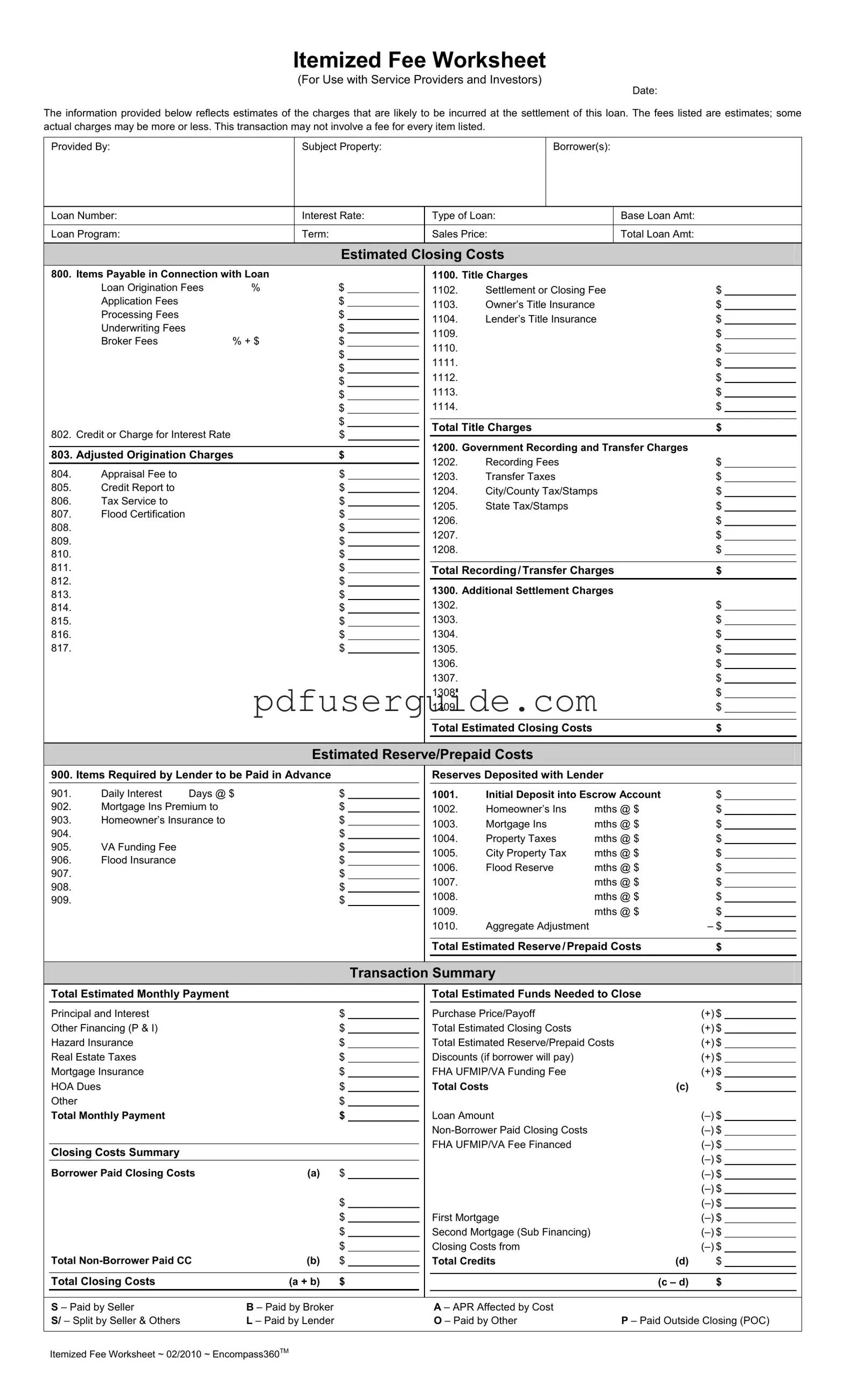 Free Fee Worksheet Form in PDF