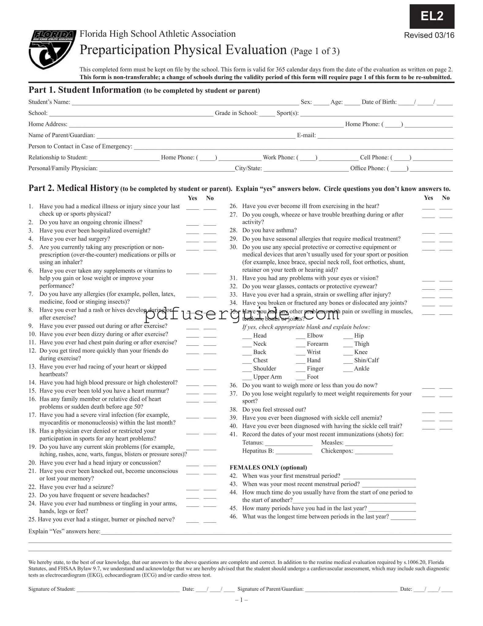 Free Fhsaa El 2 Form in PDF