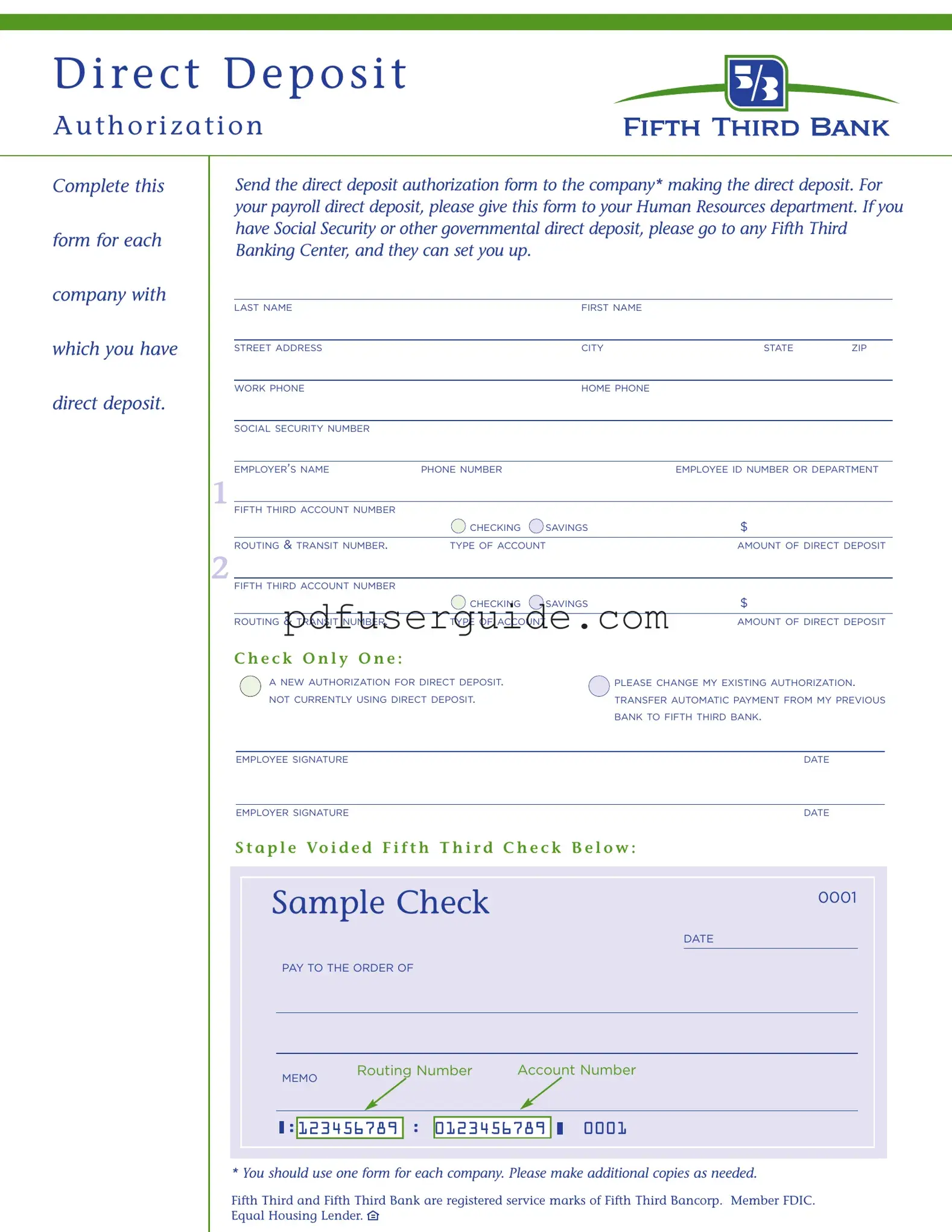 Free Fifth Third Bank Direct Deposit Form in PDF