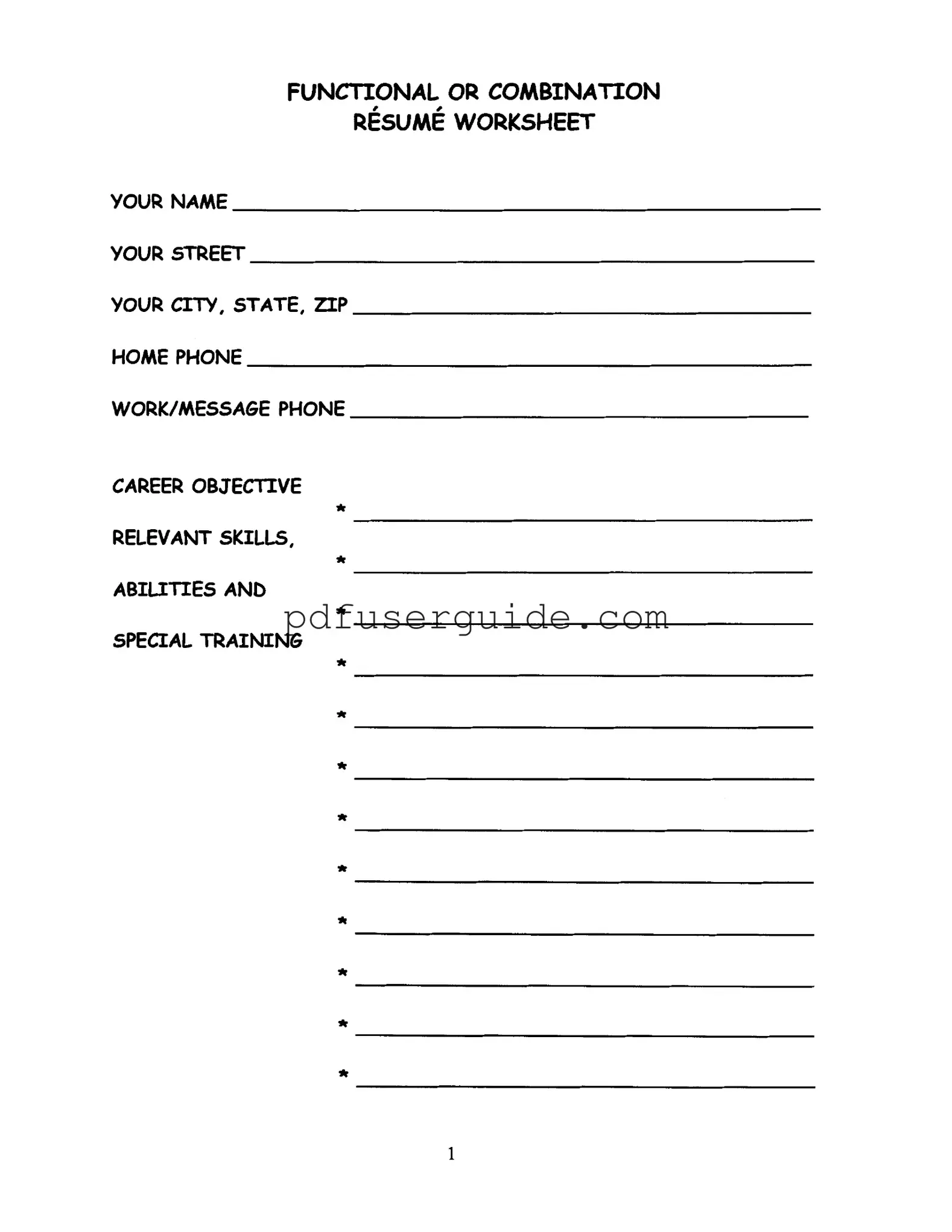 Free Fill In The Resume Worksheet Form in PDF