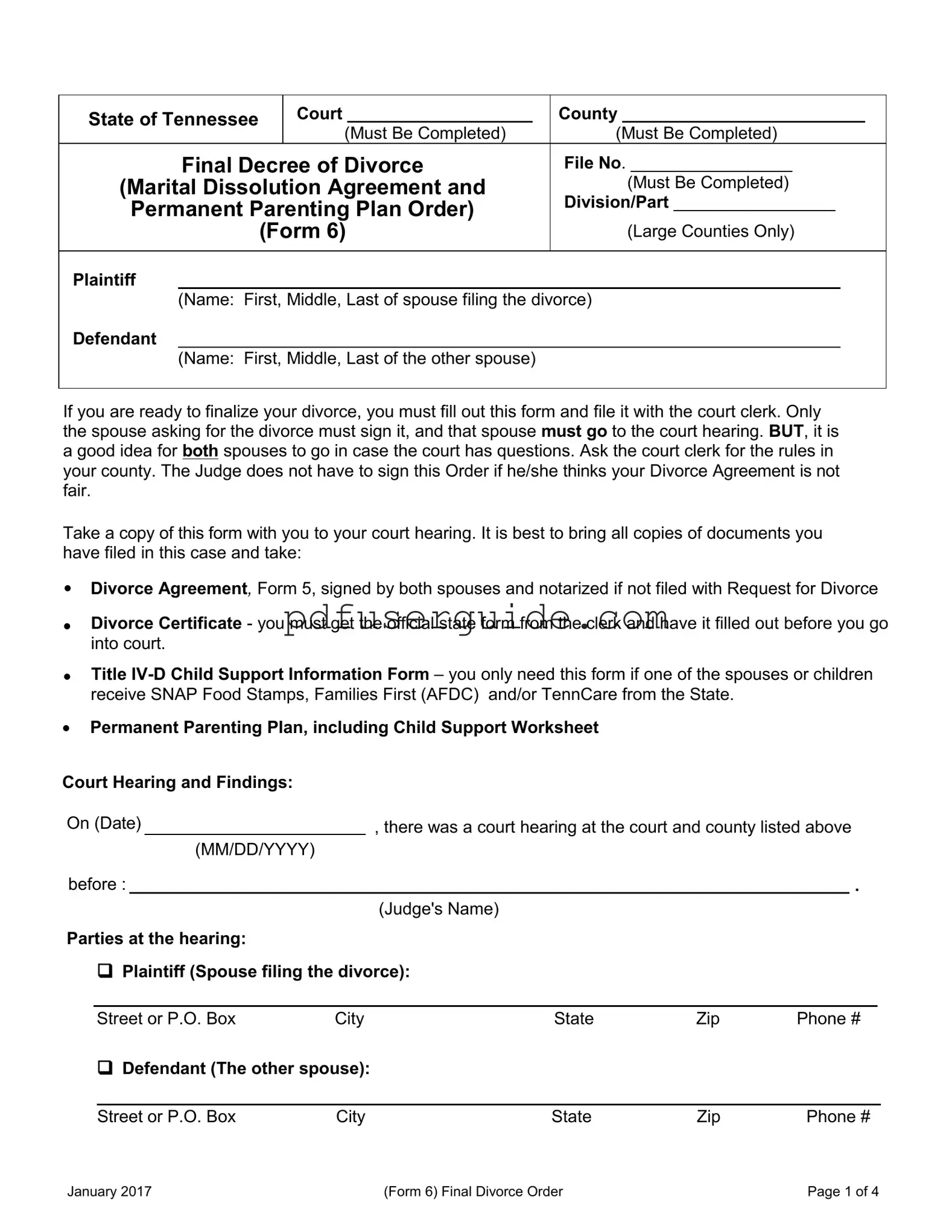 Free Final Divorce Order Tennessee Form in PDF