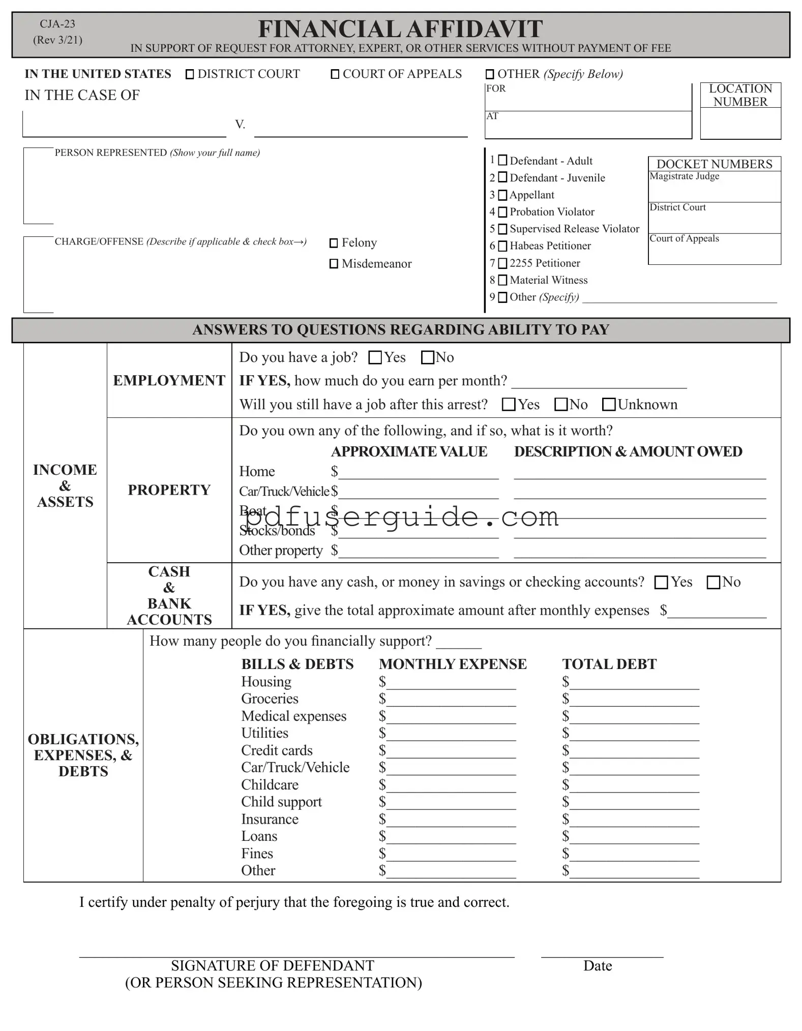 Free Financial Affidavit CJA-23 Form in PDF