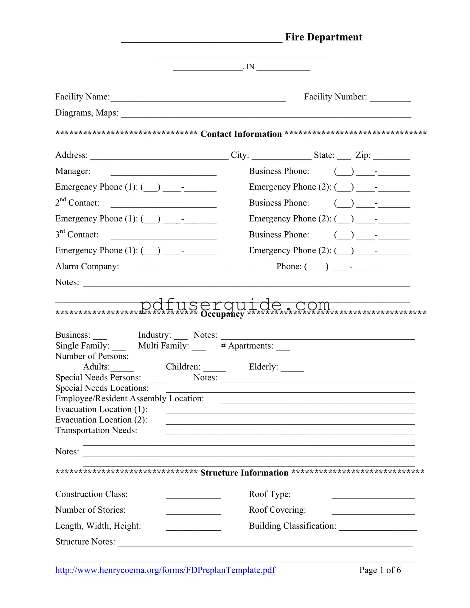 Free Fire Department Pre Plan Form in PDF