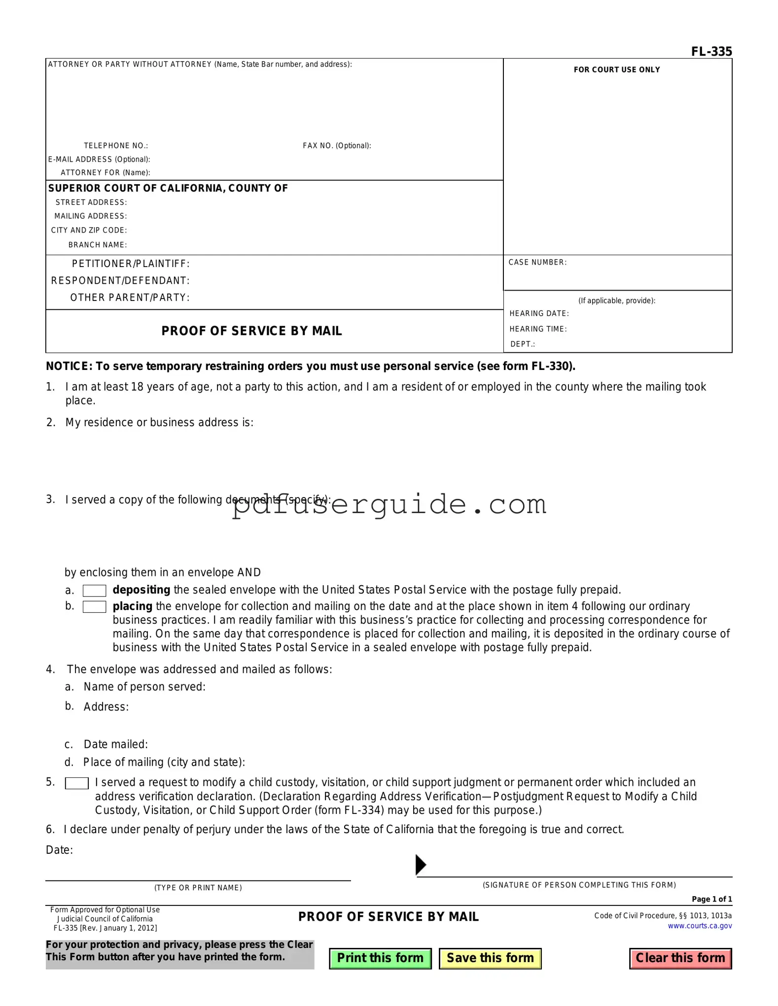 Free Fl335 Proof Of Service Form in PDF
