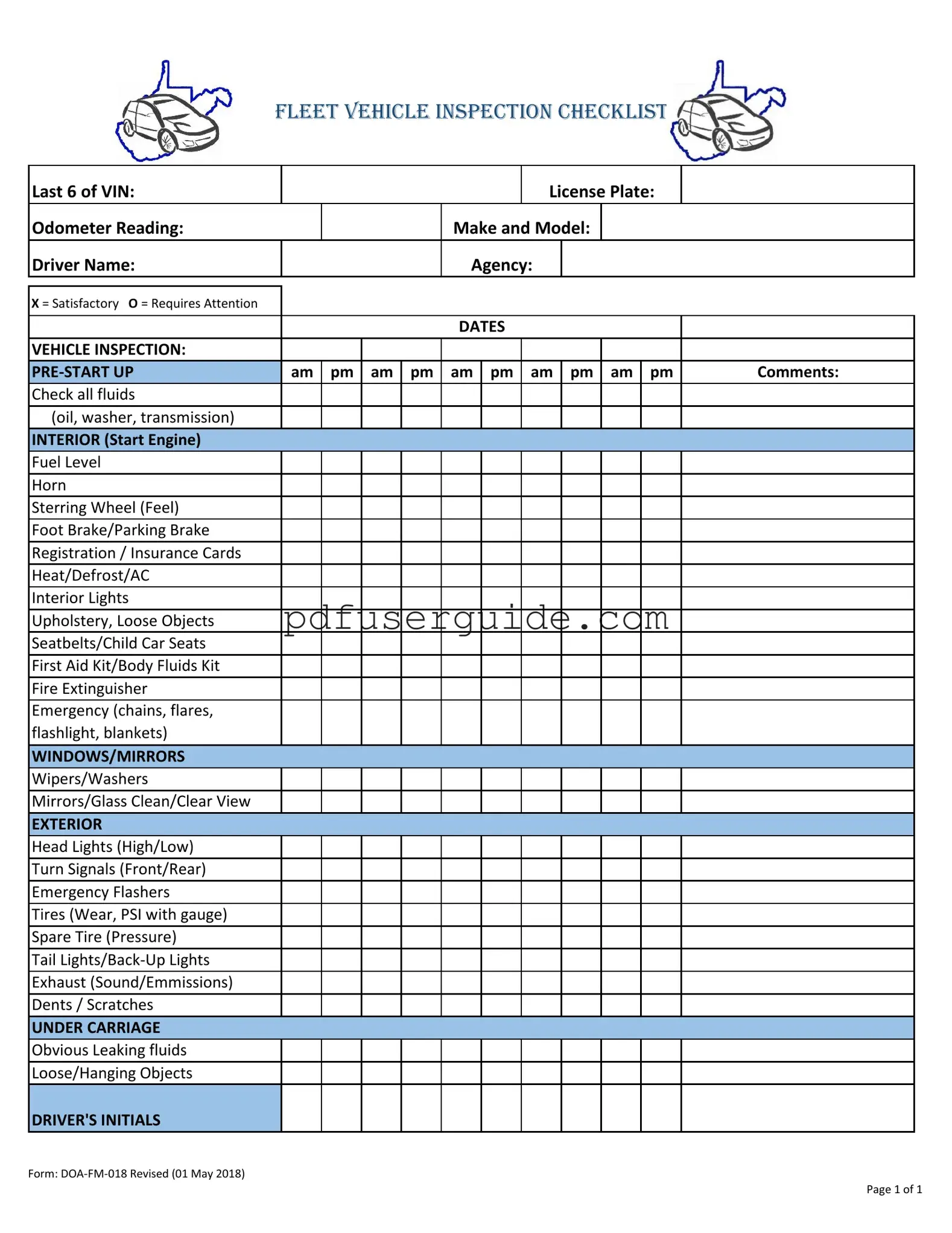 Free Fleet Vehicle Inspection Form in PDF