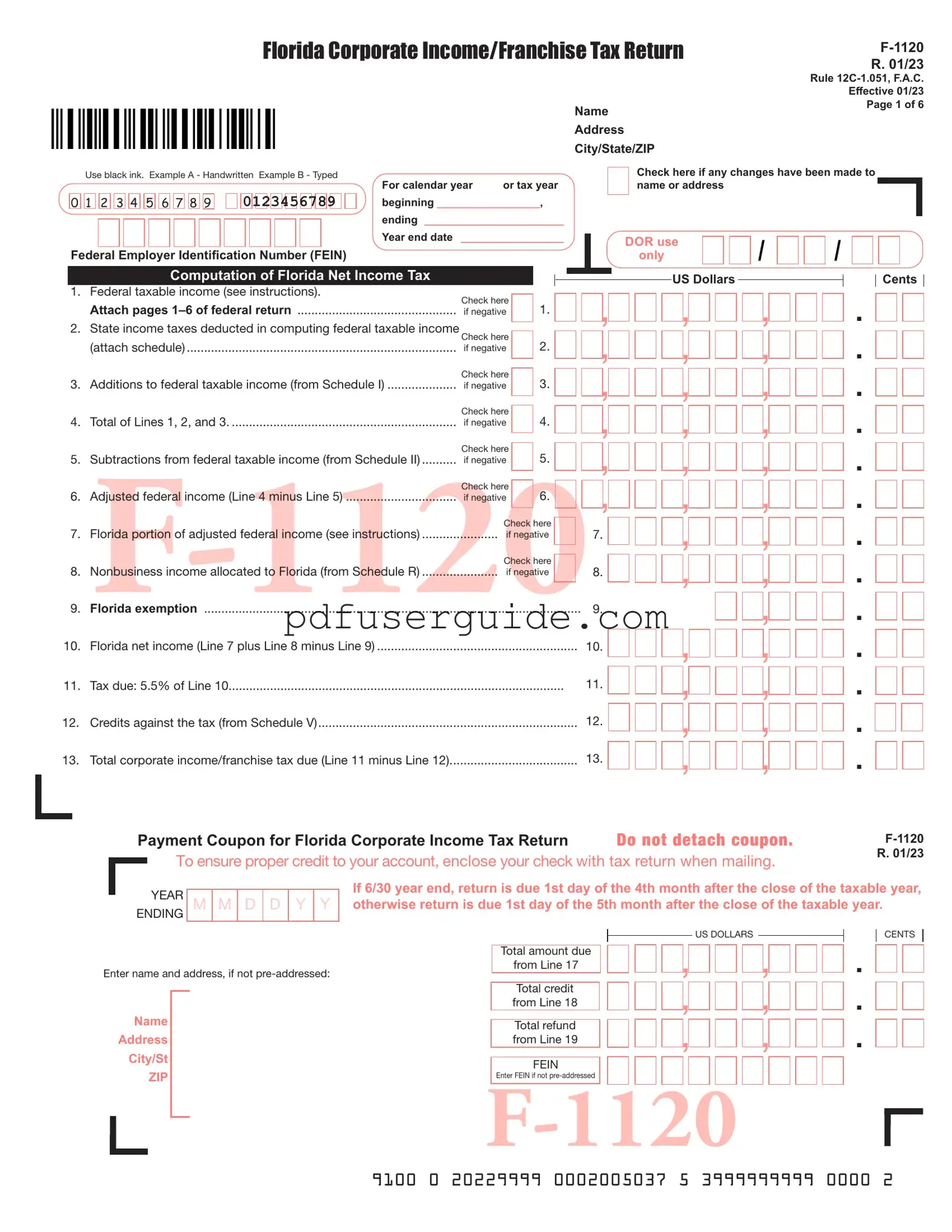 Free Florida F 1120 Form in PDF
