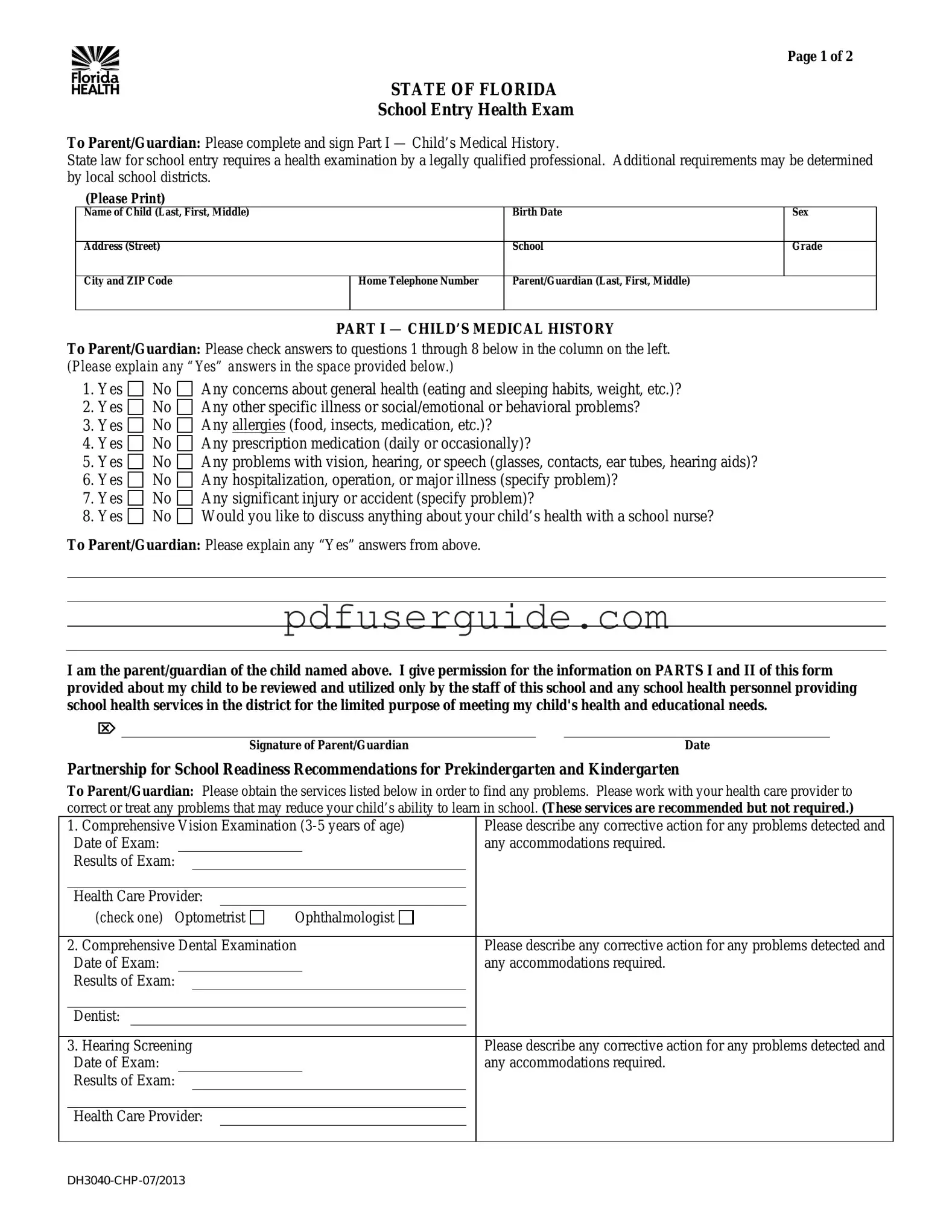Free Florida Health Form in PDF