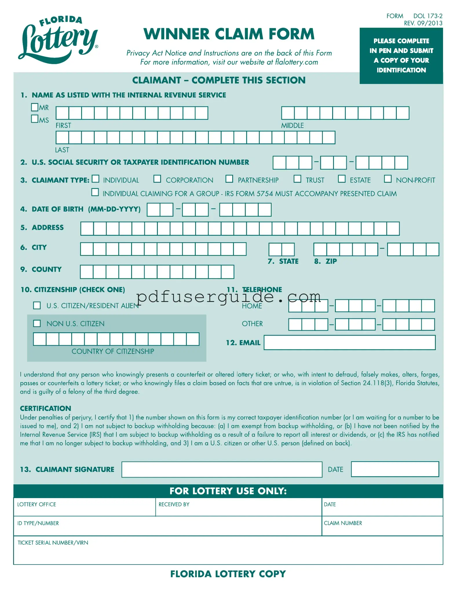 Free Florida Lottery Claim Form in PDF