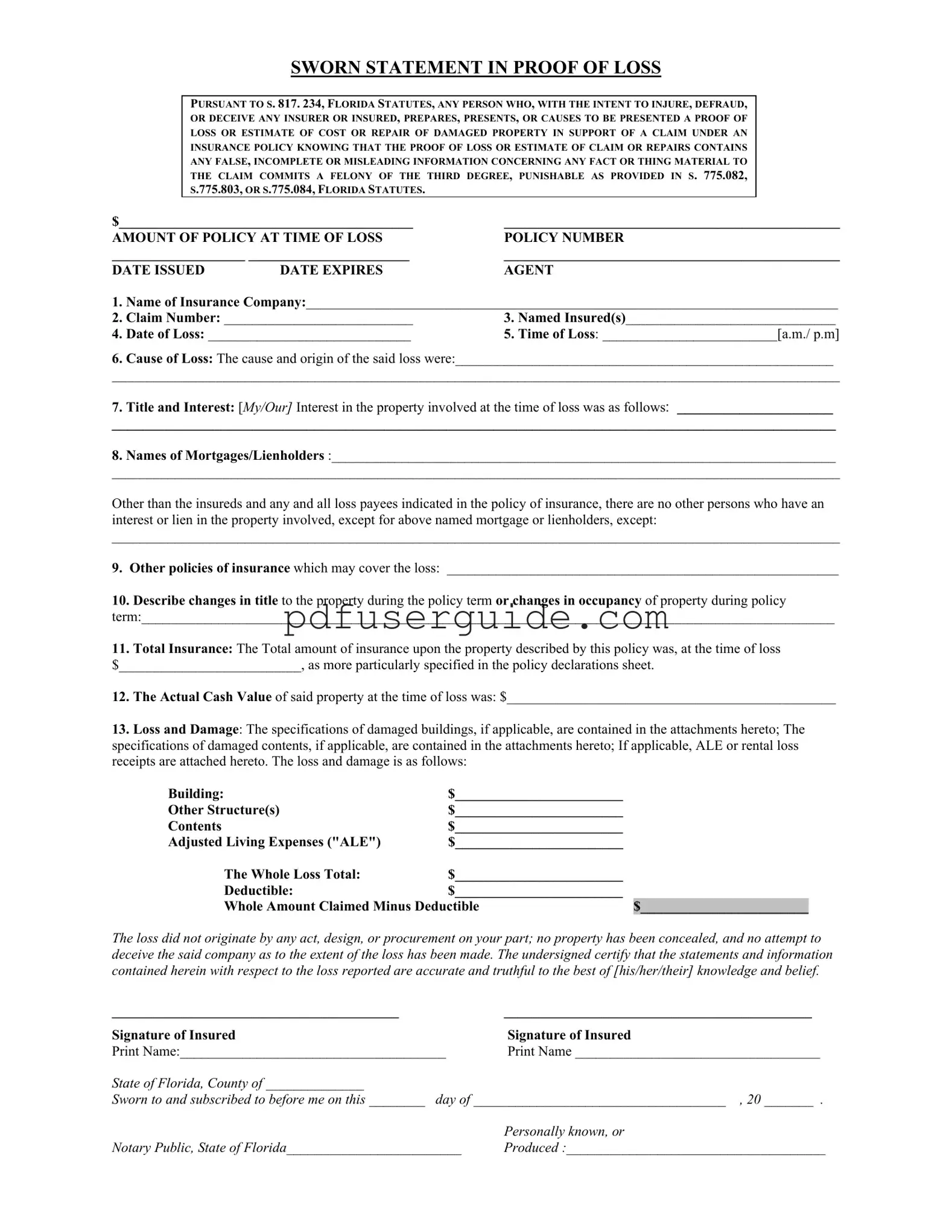 Free Florida Proof Loss Form in PDF