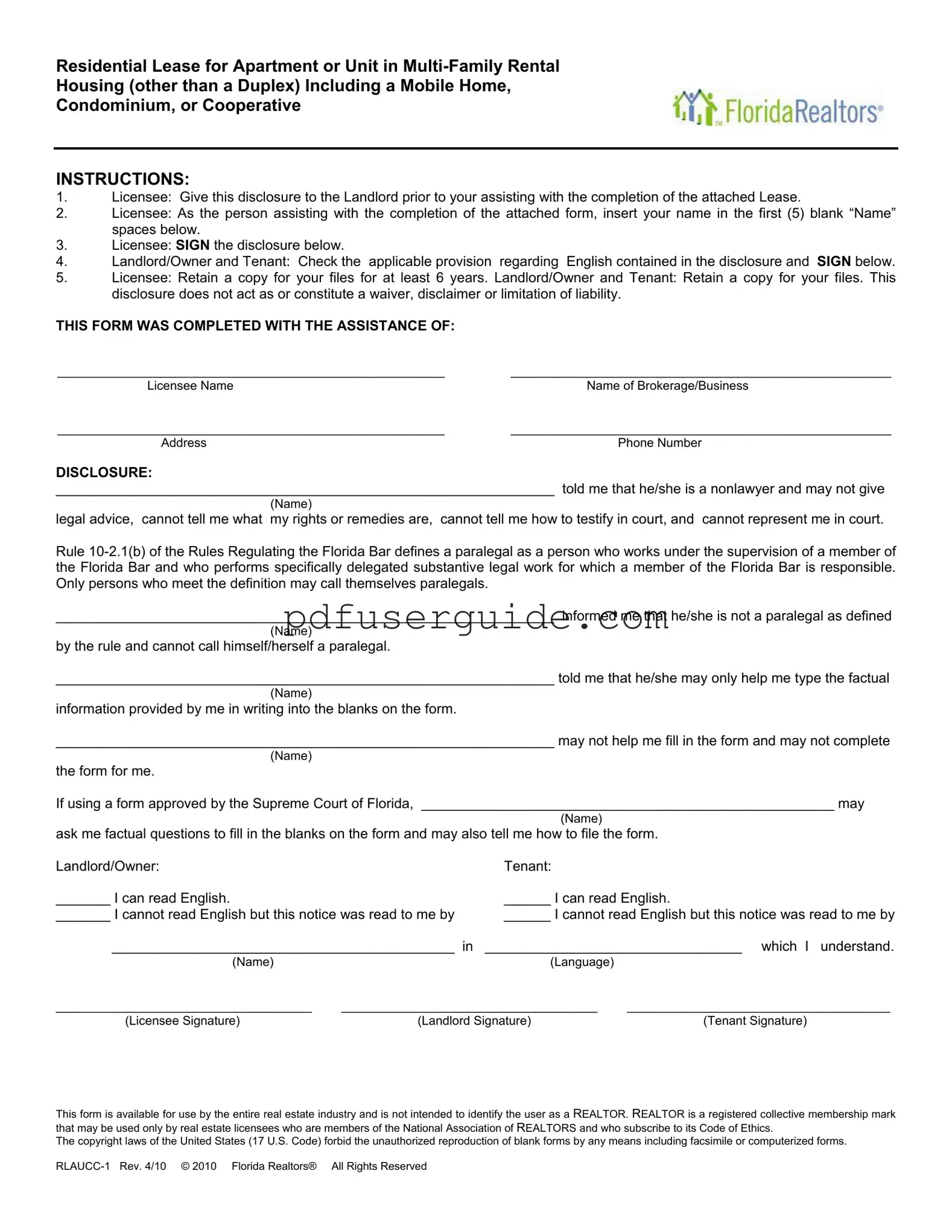 Free Florida Realtors Residential Lease Form in PDF