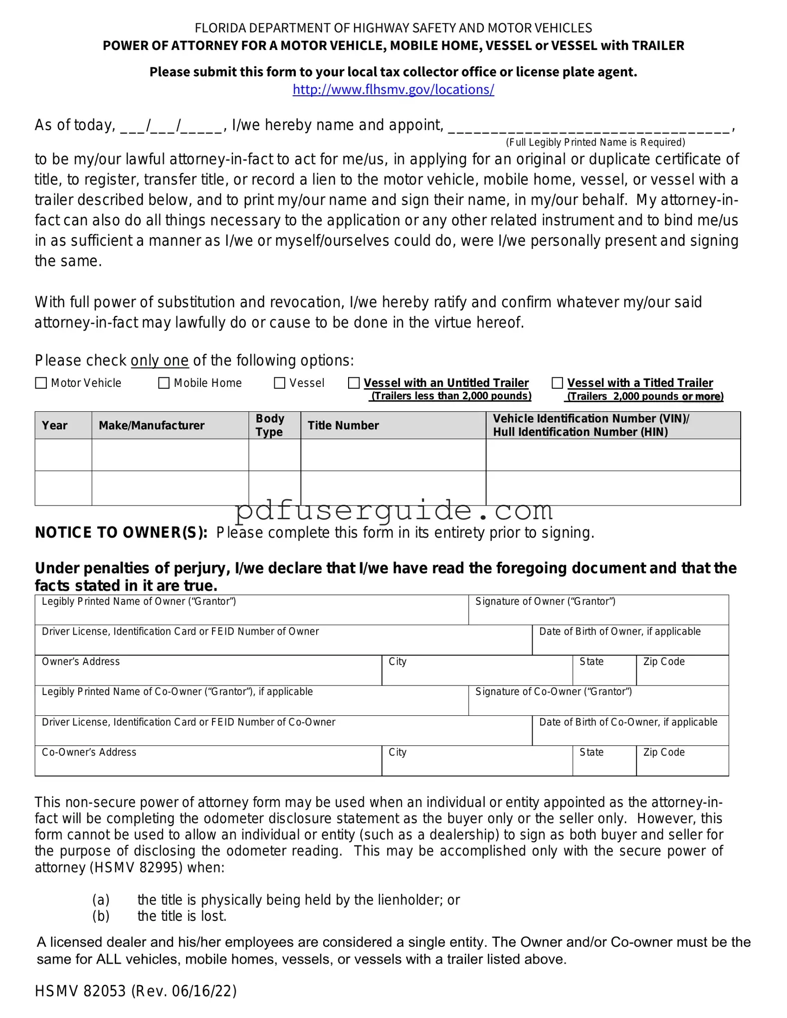 Free Florida Vehicle POA form 82053 Form in PDF