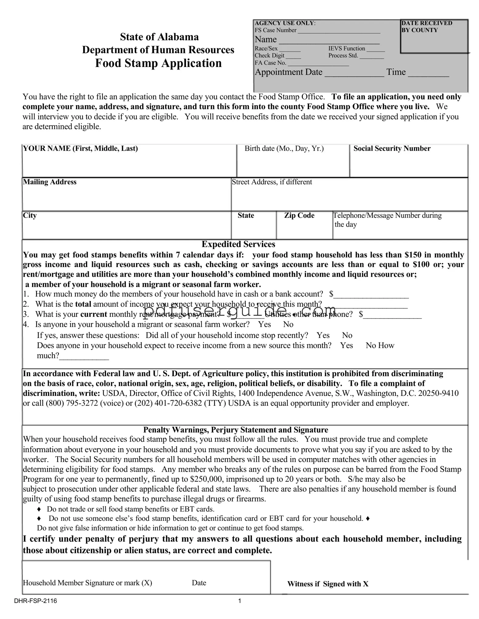 Free Food Stamp Application Alabama Form in PDF
