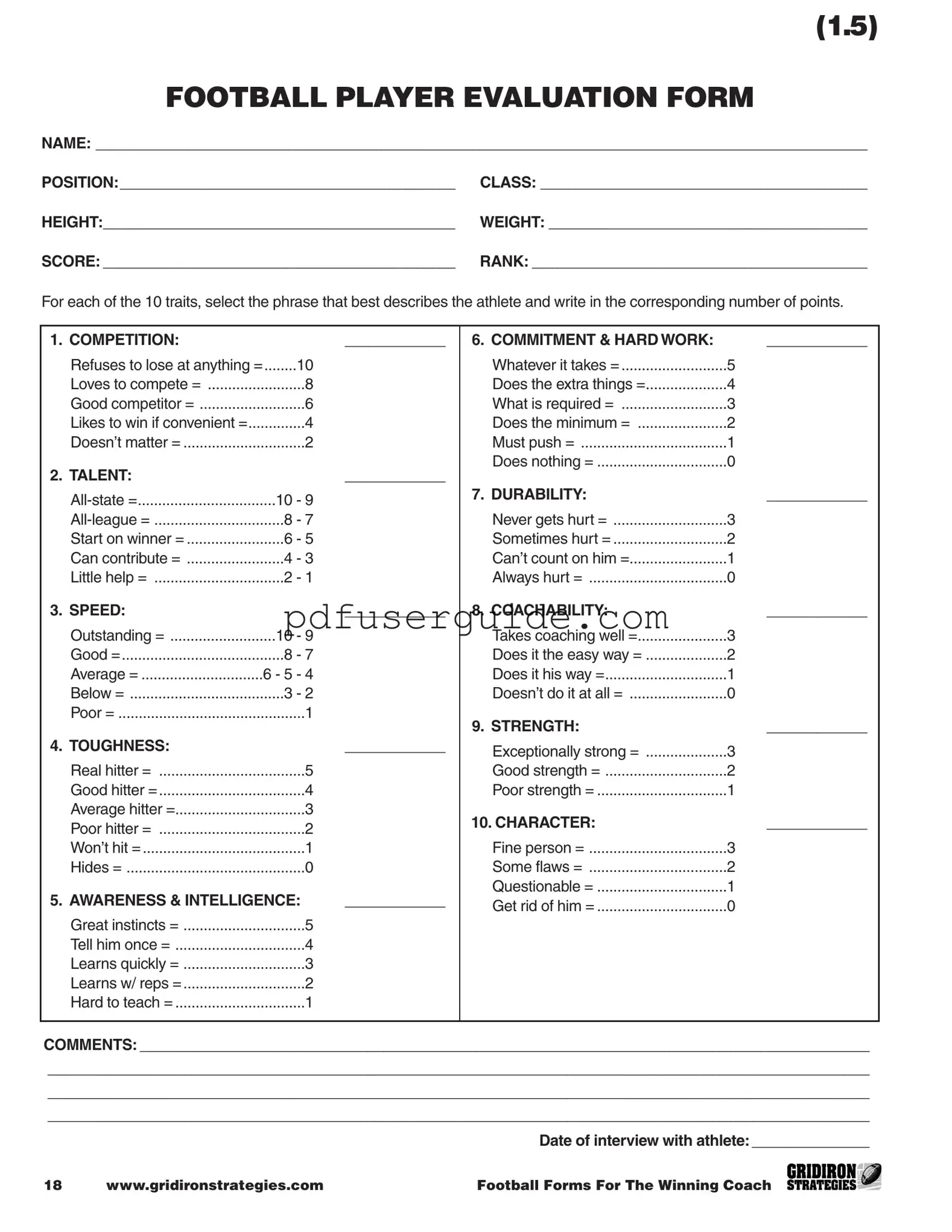 Free Football Player Evaluation Form in PDF