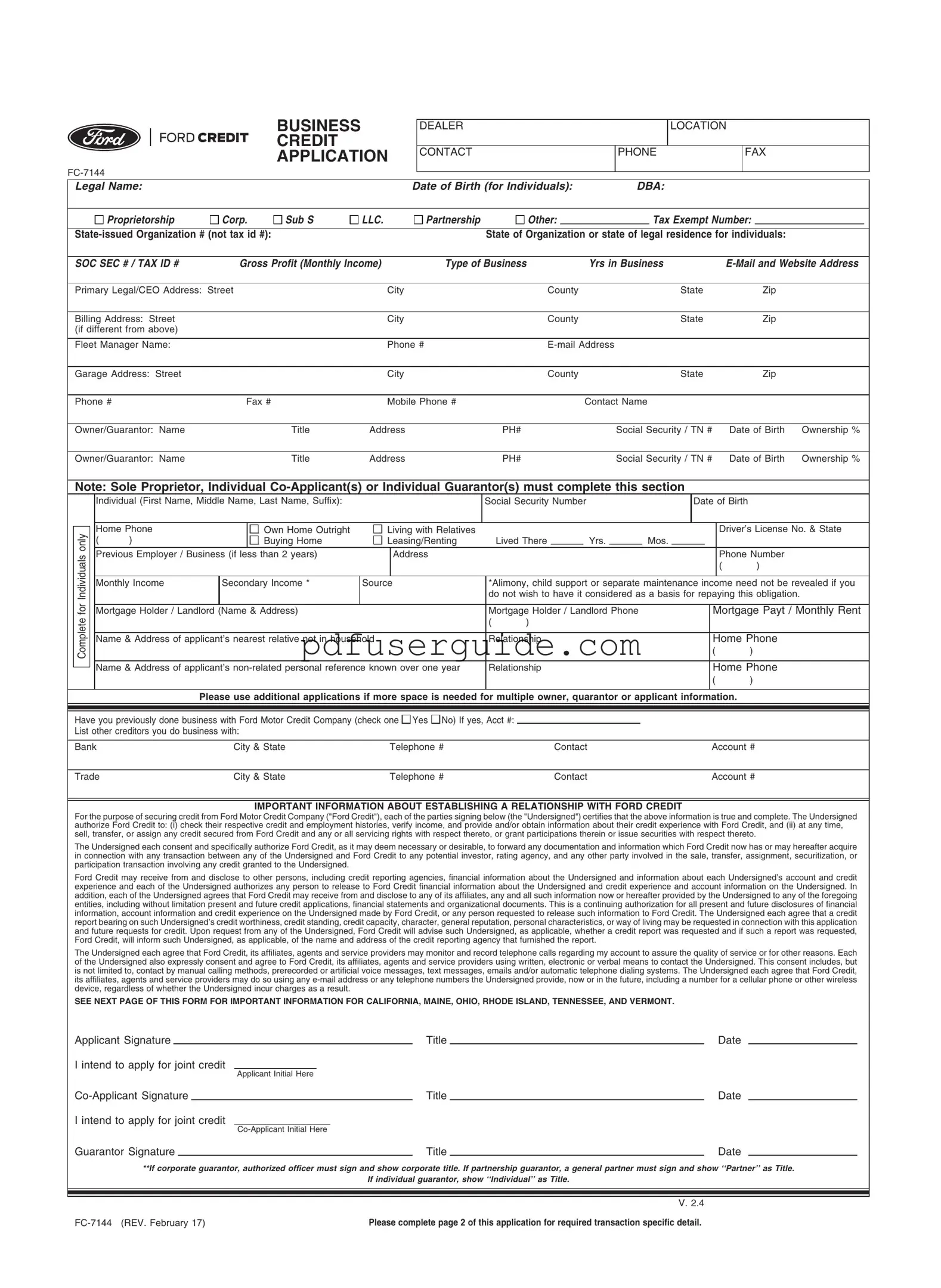 Free Ford Business Credit Application Form in PDF