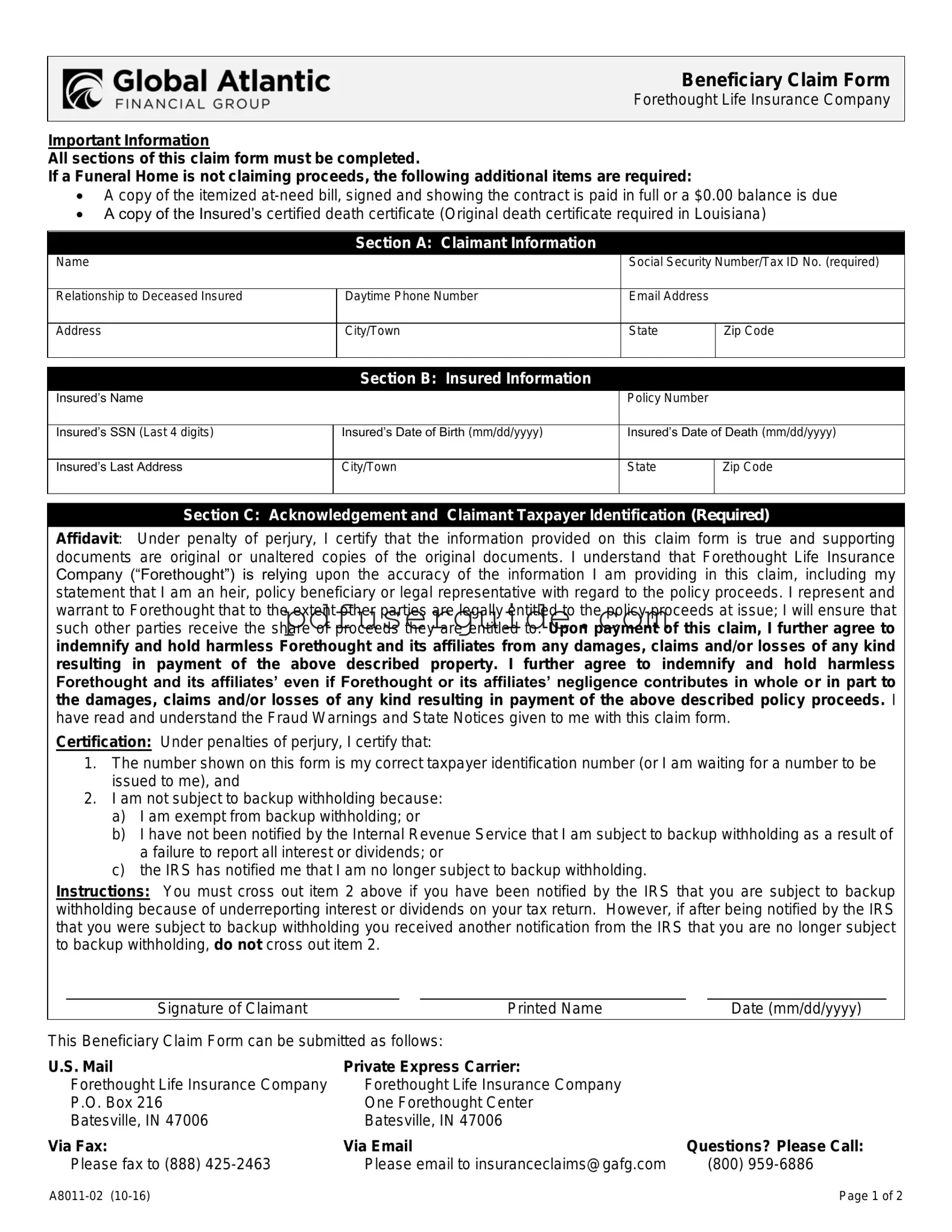 Free Forethought Life Insurance Claim Form in PDF