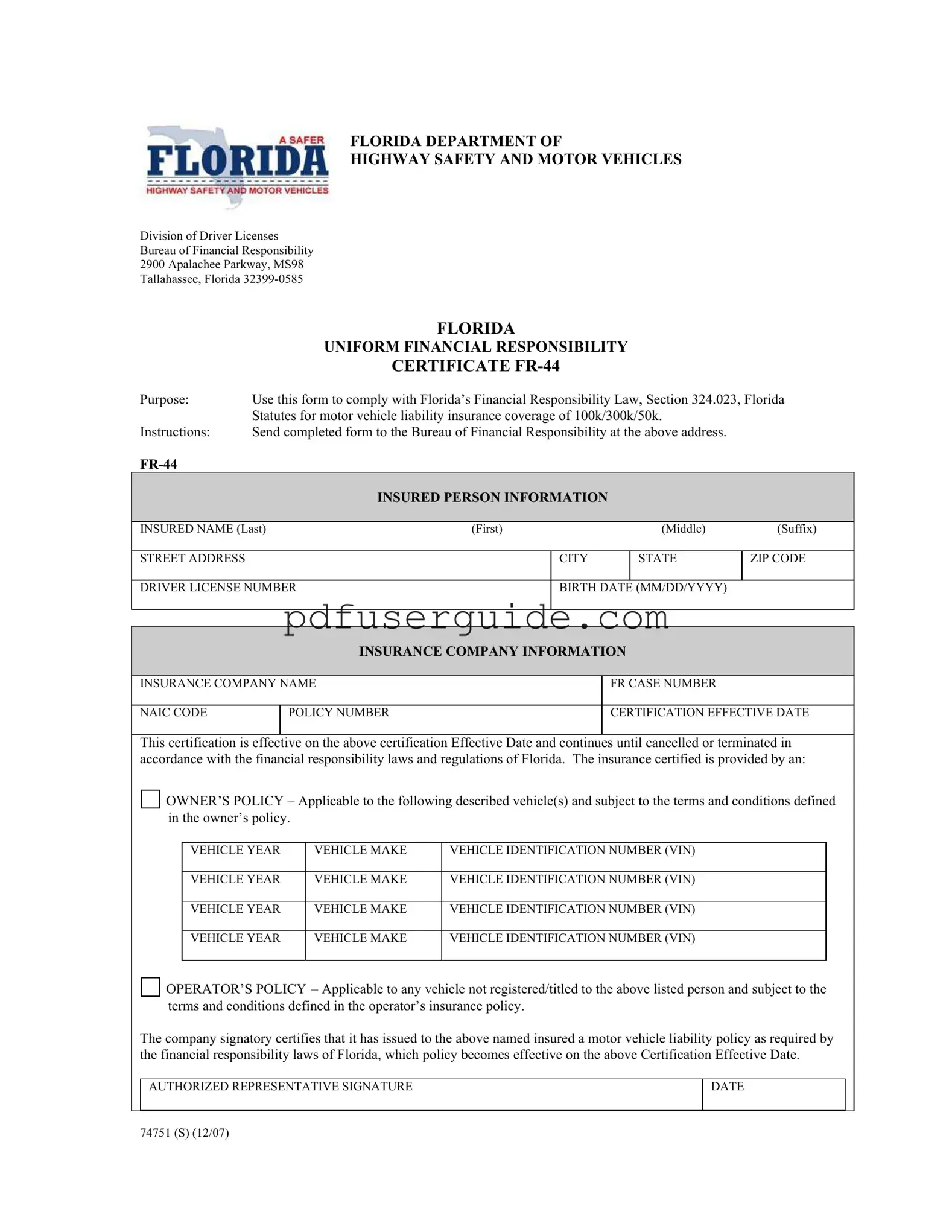 Free Fr44 Florida Form in PDF