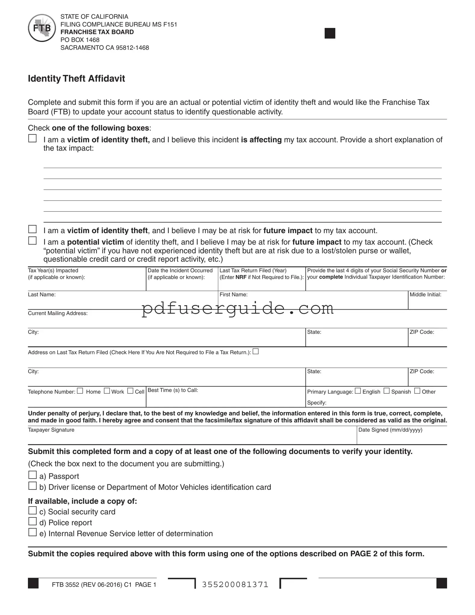 Free Ftb 3552 Form in PDF